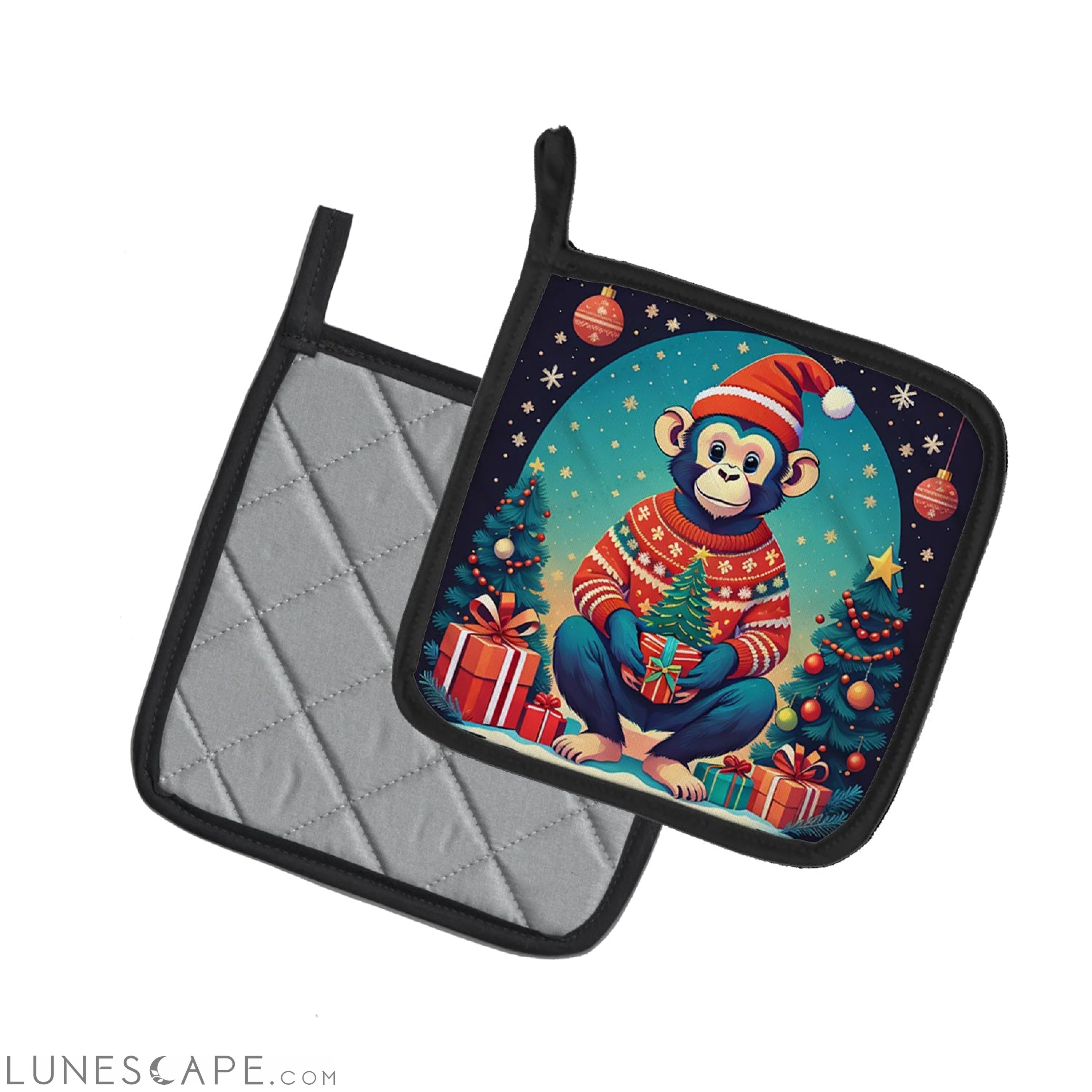 Monkey Christmas Pair of Pot Holders LUNESCAPE