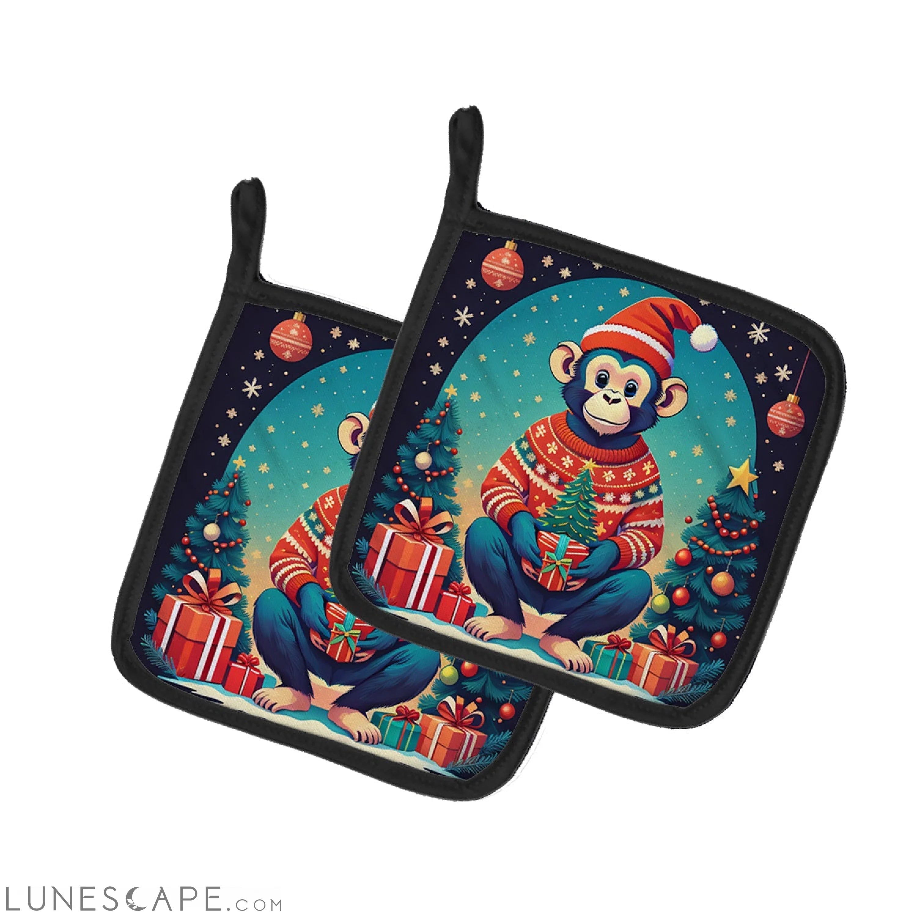 Monkey Christmas Pair of Pot Holders LUNESCAPE