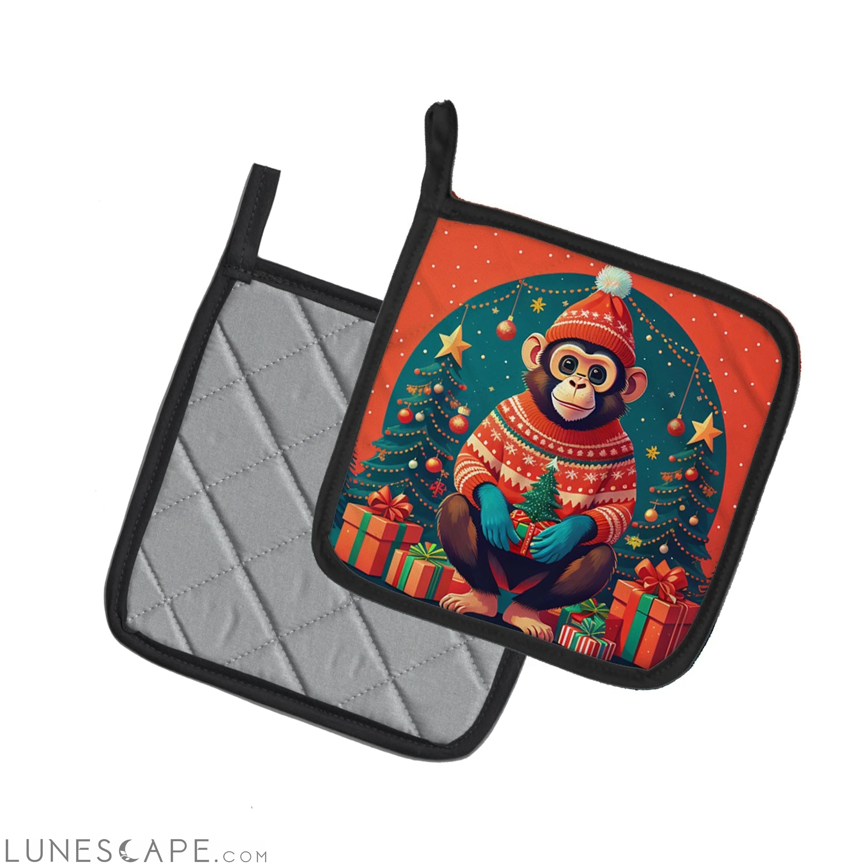 Monkey Christmas Pair of Pot Holders LUNESCAPE