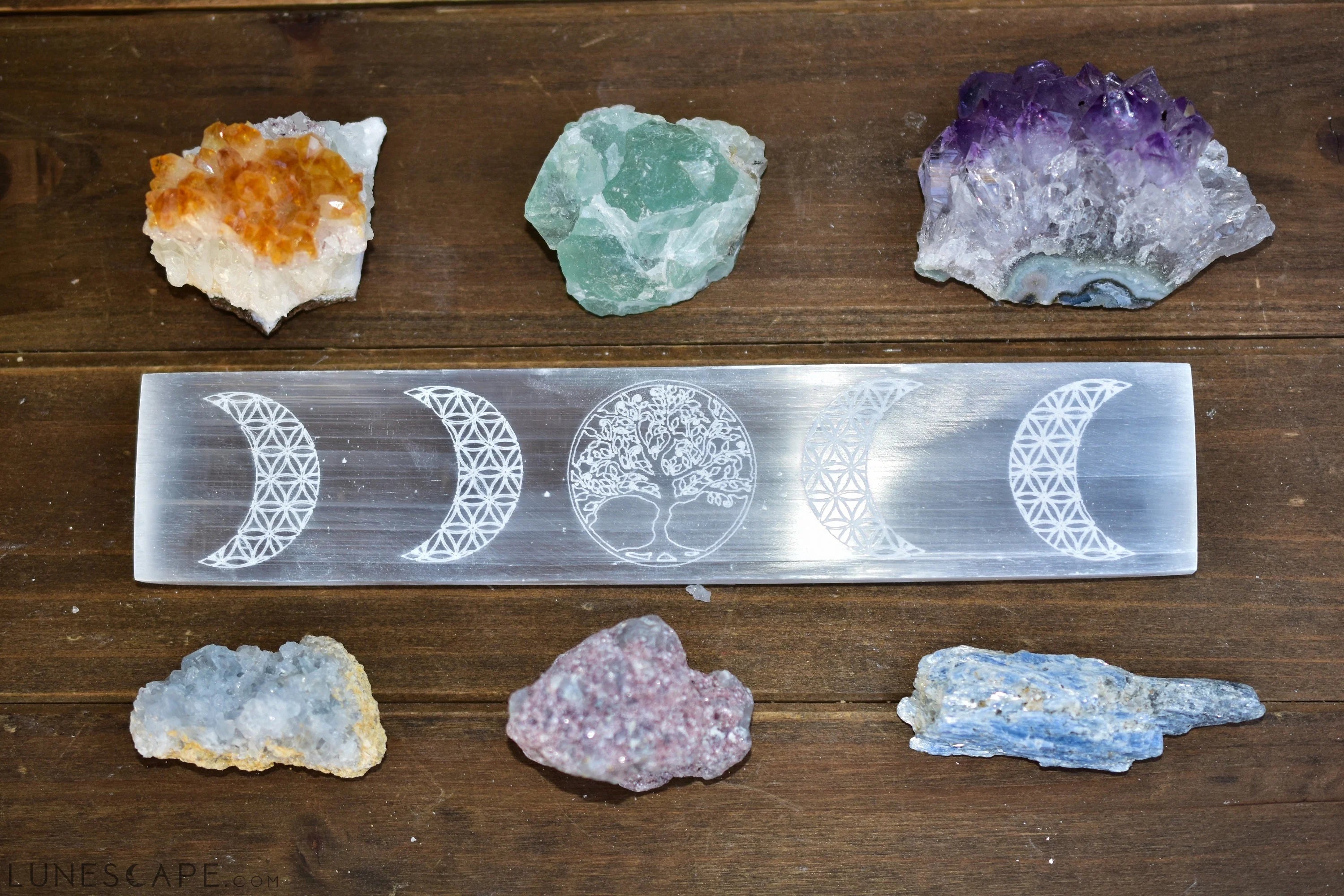 Moon Phase With Tree of Life Engraved Selenite Bar LUNESCAPE