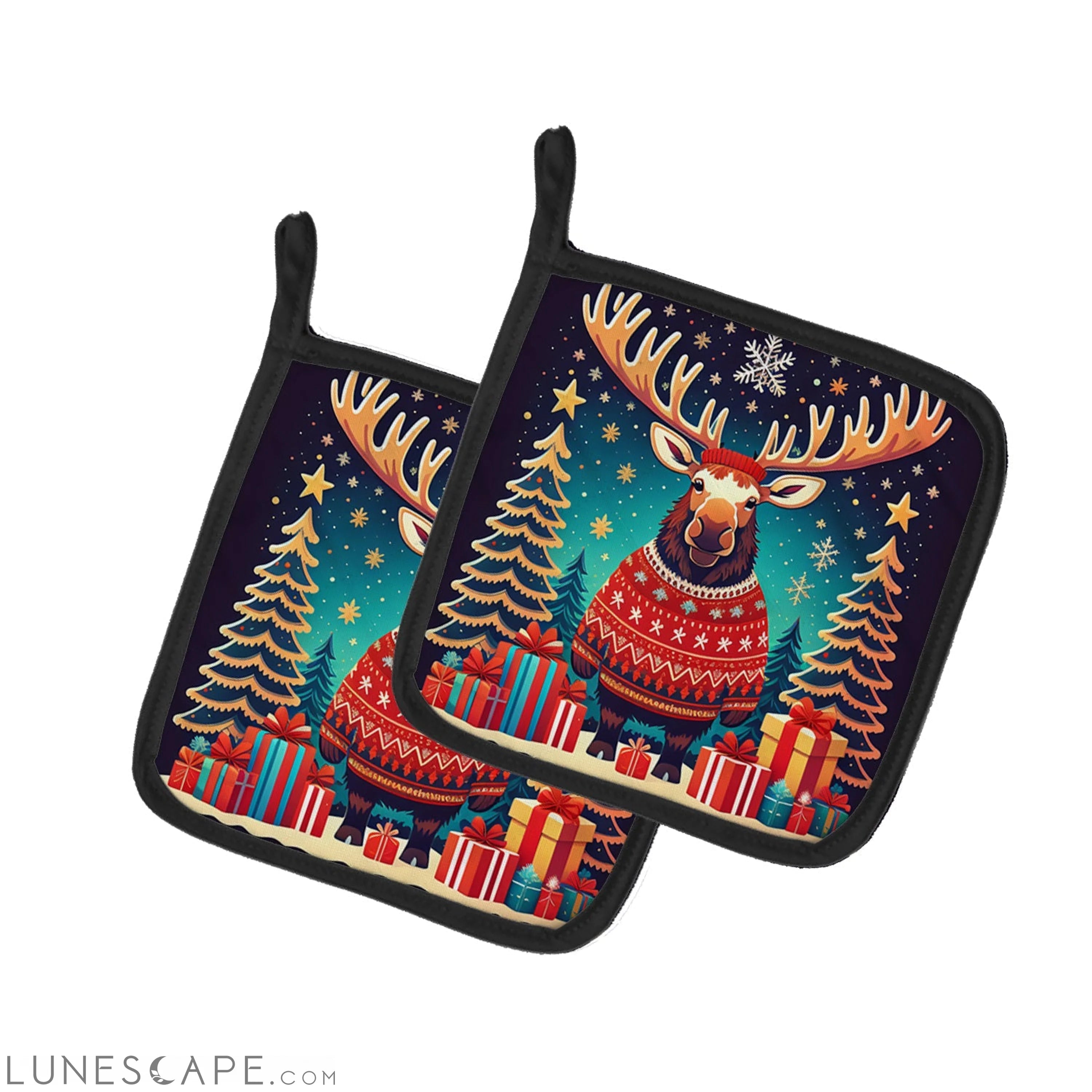 Moose Christmas Pair of Pot Holders LUNESCAPE