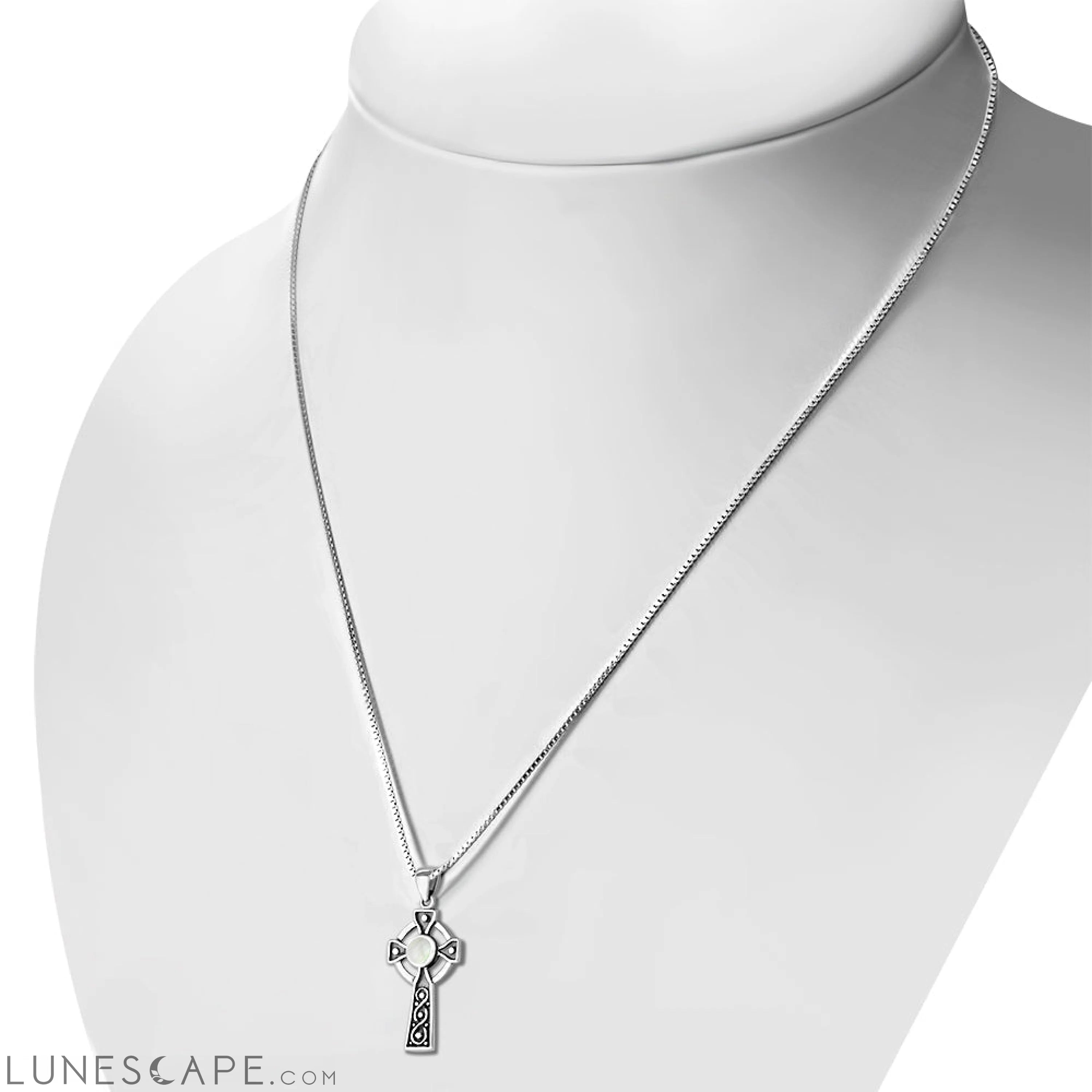 Mother of Pearl Shell Celtic Infinity Knot Cross Silver Pendant LUNESCAPE