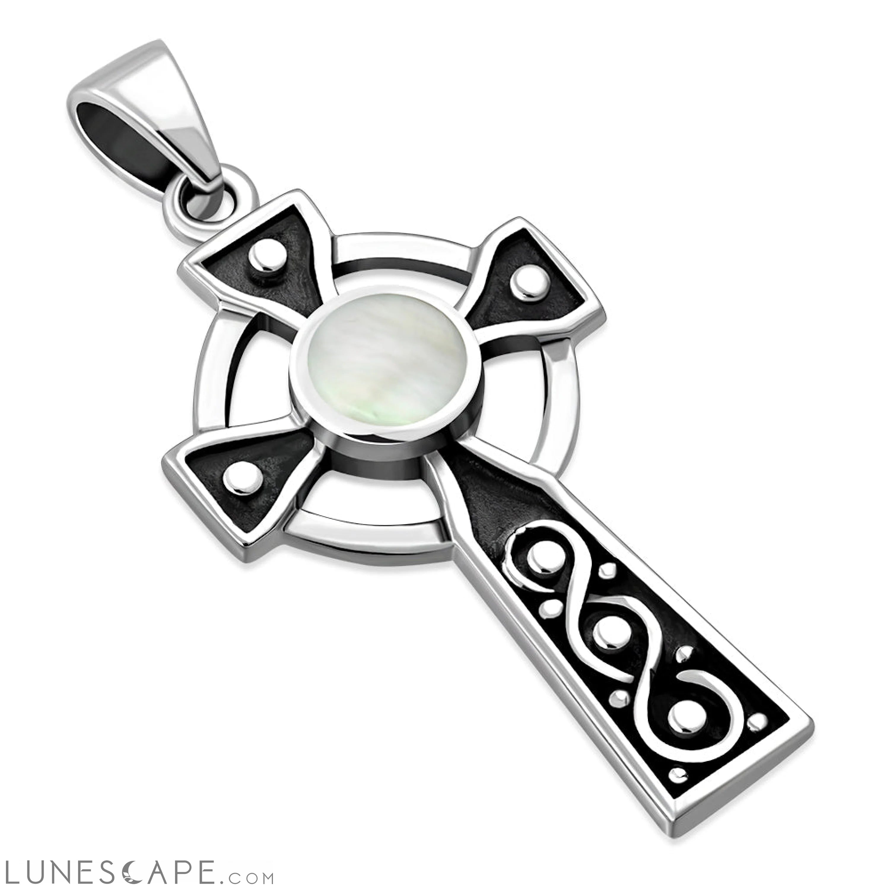 Mother of Pearl Shell Celtic Infinity Knot Cross Silver Pendant LUNESCAPE