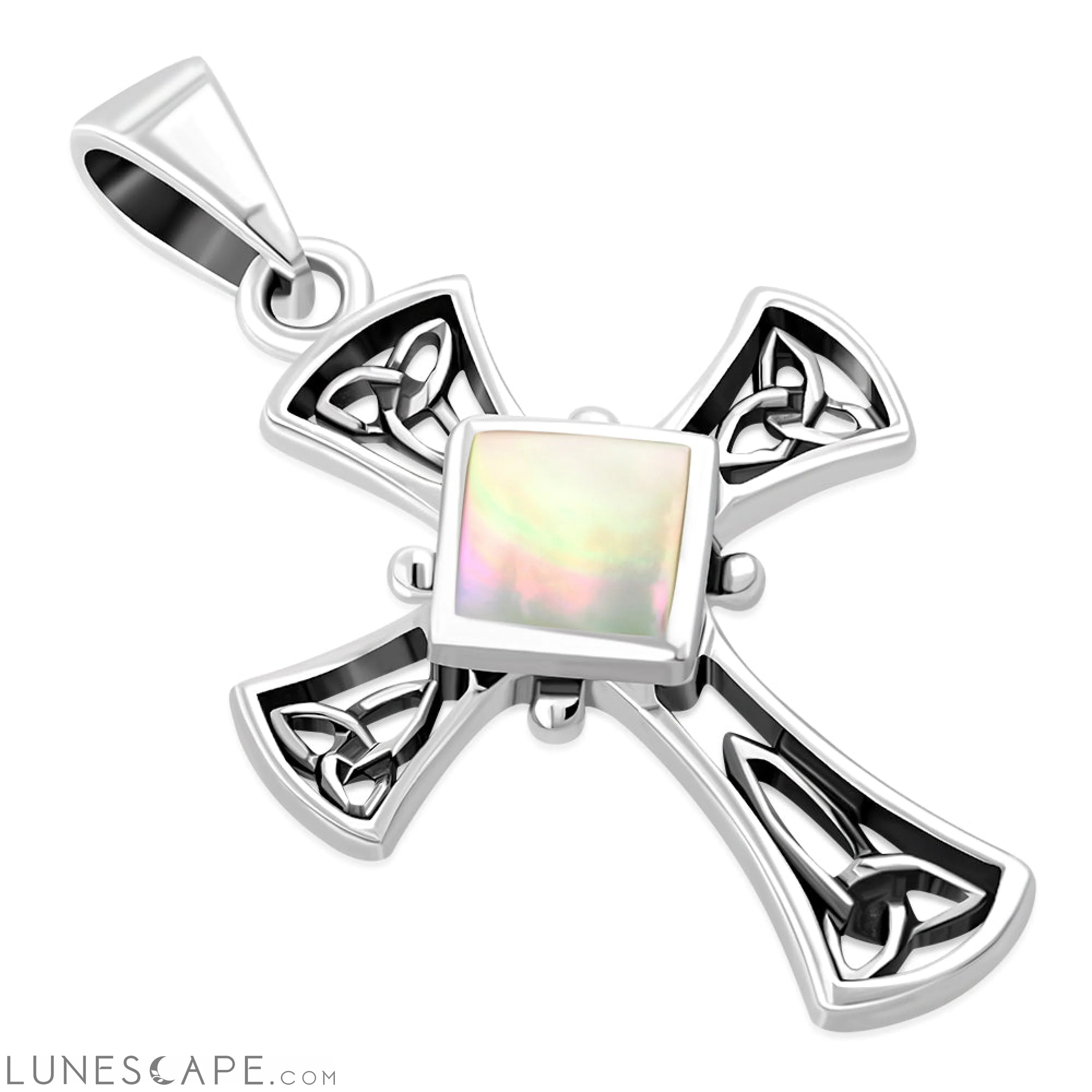 Mother of Pearl Shell Celtic Irish Trinity Knot Cross Silver Pendant LUNESCAPE
