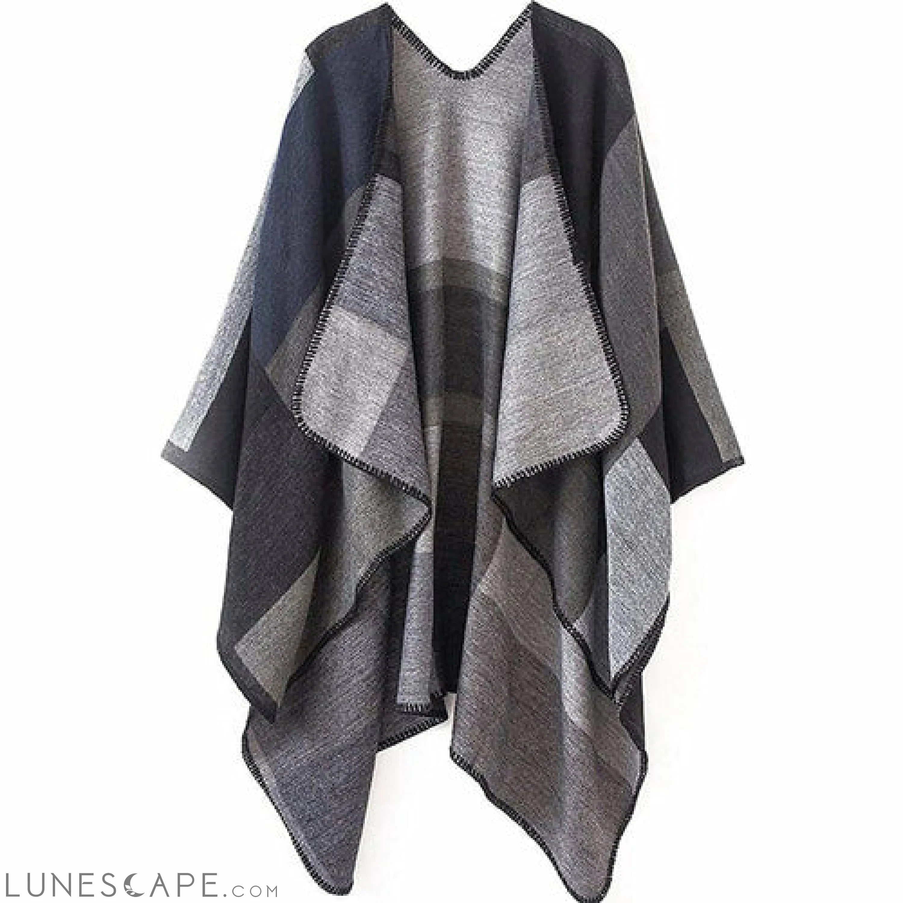 Multi-Color Wool-Blend Checkered Poncho with Contrast Stitching LUNESCAPE