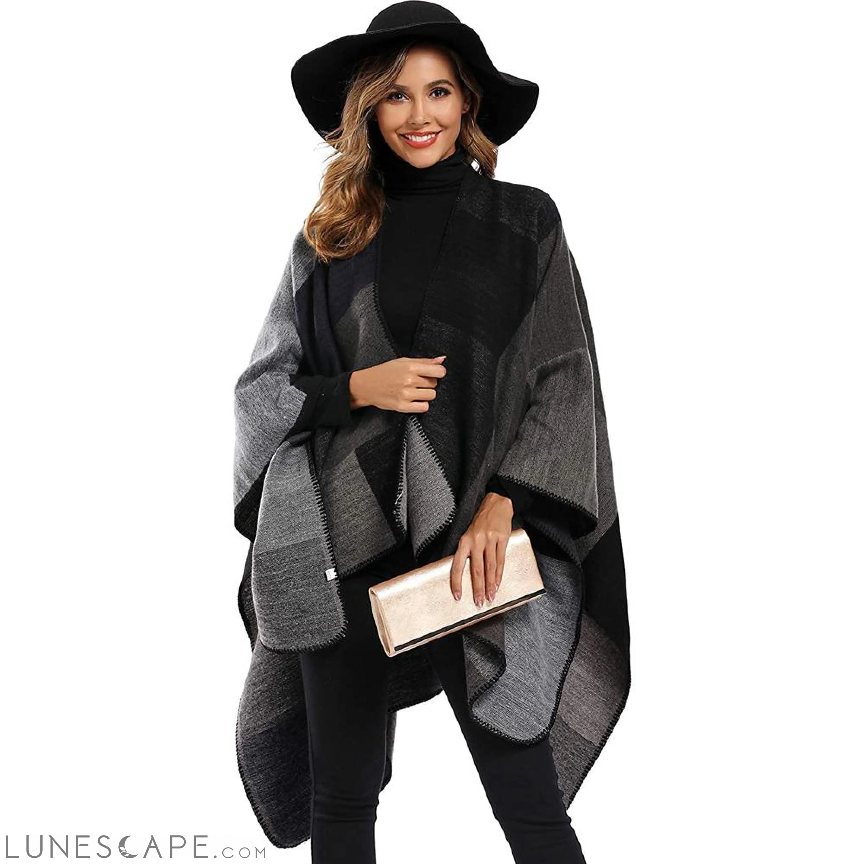Multi-Color Wool-Blend Checkered Poncho with Contrast Stitching LUNESCAPE