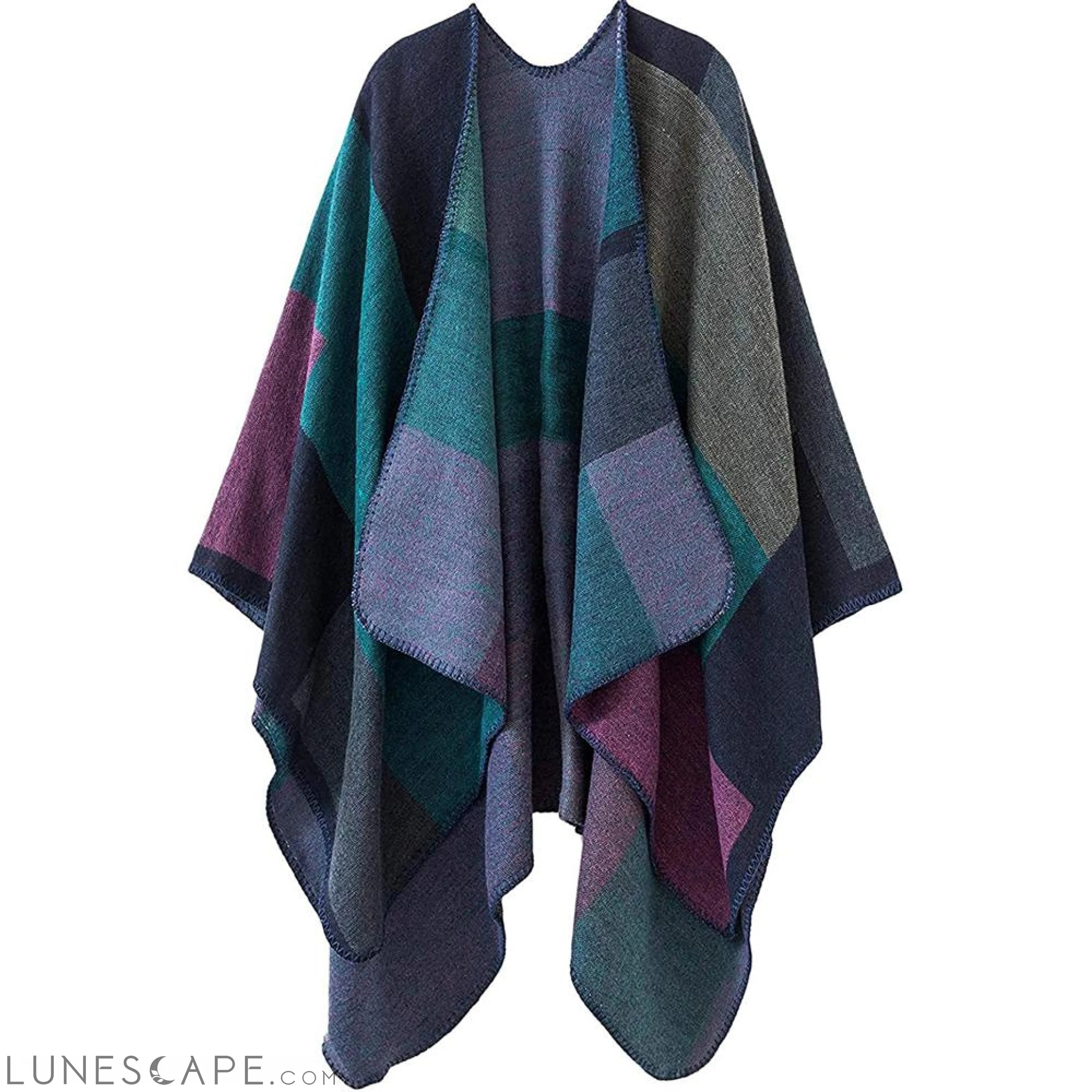 Multi-Color Wool-Blend Checkered Poncho with Contrast Stitching LUNESCAPE