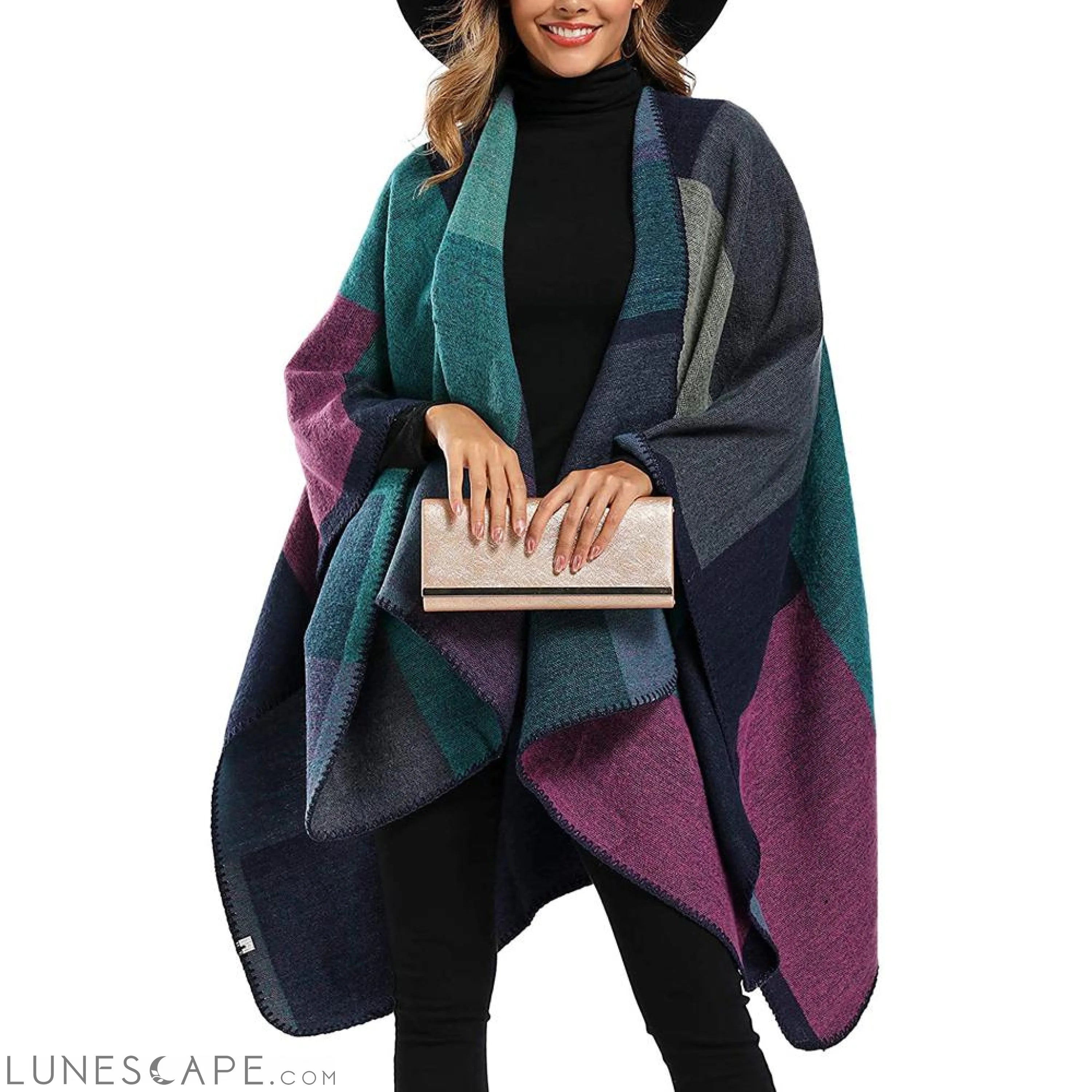 Multi-Color Wool-Blend Checkered Poncho with Contrast Stitching LUNESCAPE