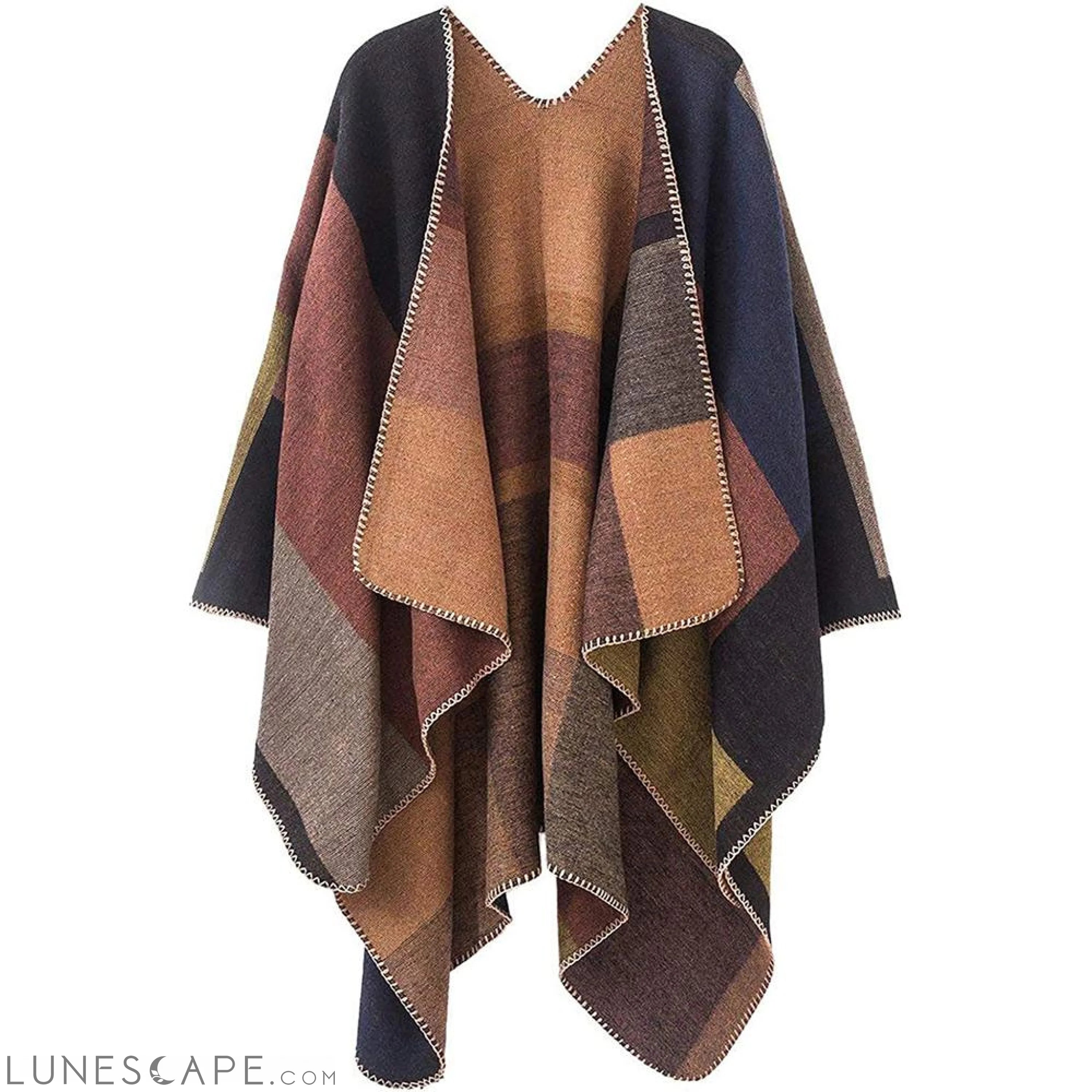 Multi-Color Wool-Blend Checkered Poncho with Contrast Stitching LUNESCAPE