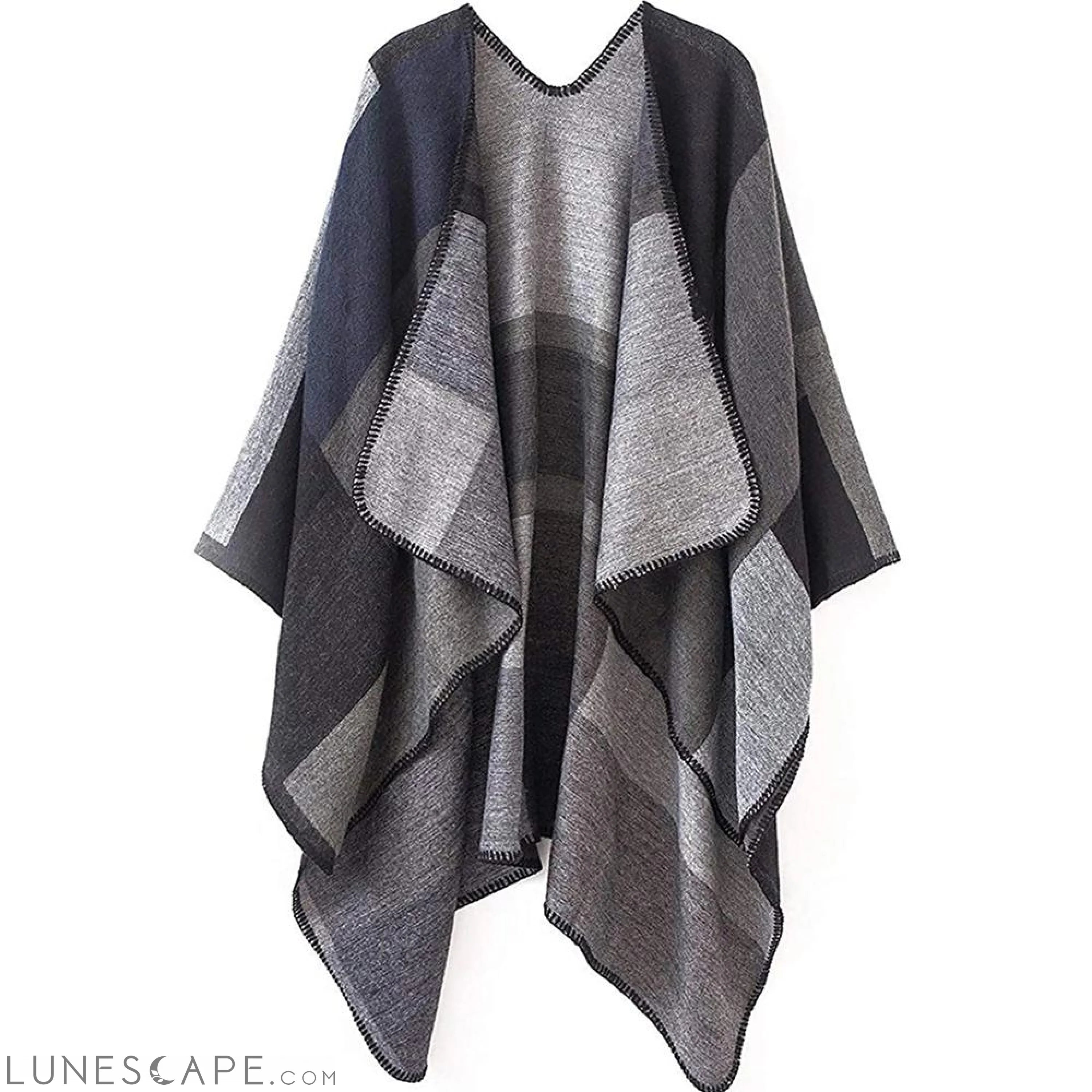 Multi-Color Wool-Blend Checkered Poncho with Contrast Stitching LUNESCAPE