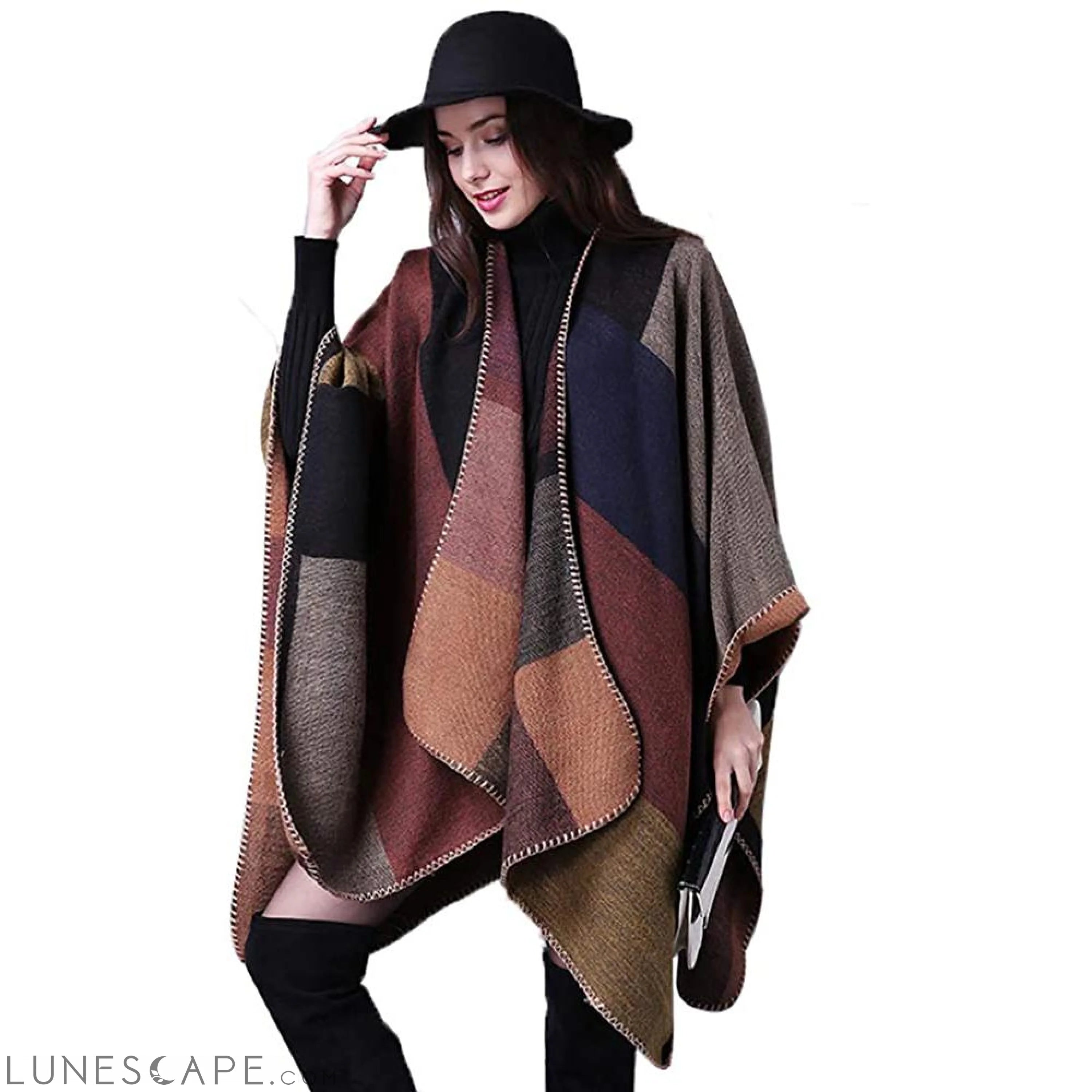 Multi-Color Wool-Blend Checkered Poncho with Contrast Stitching LUNESCAPE