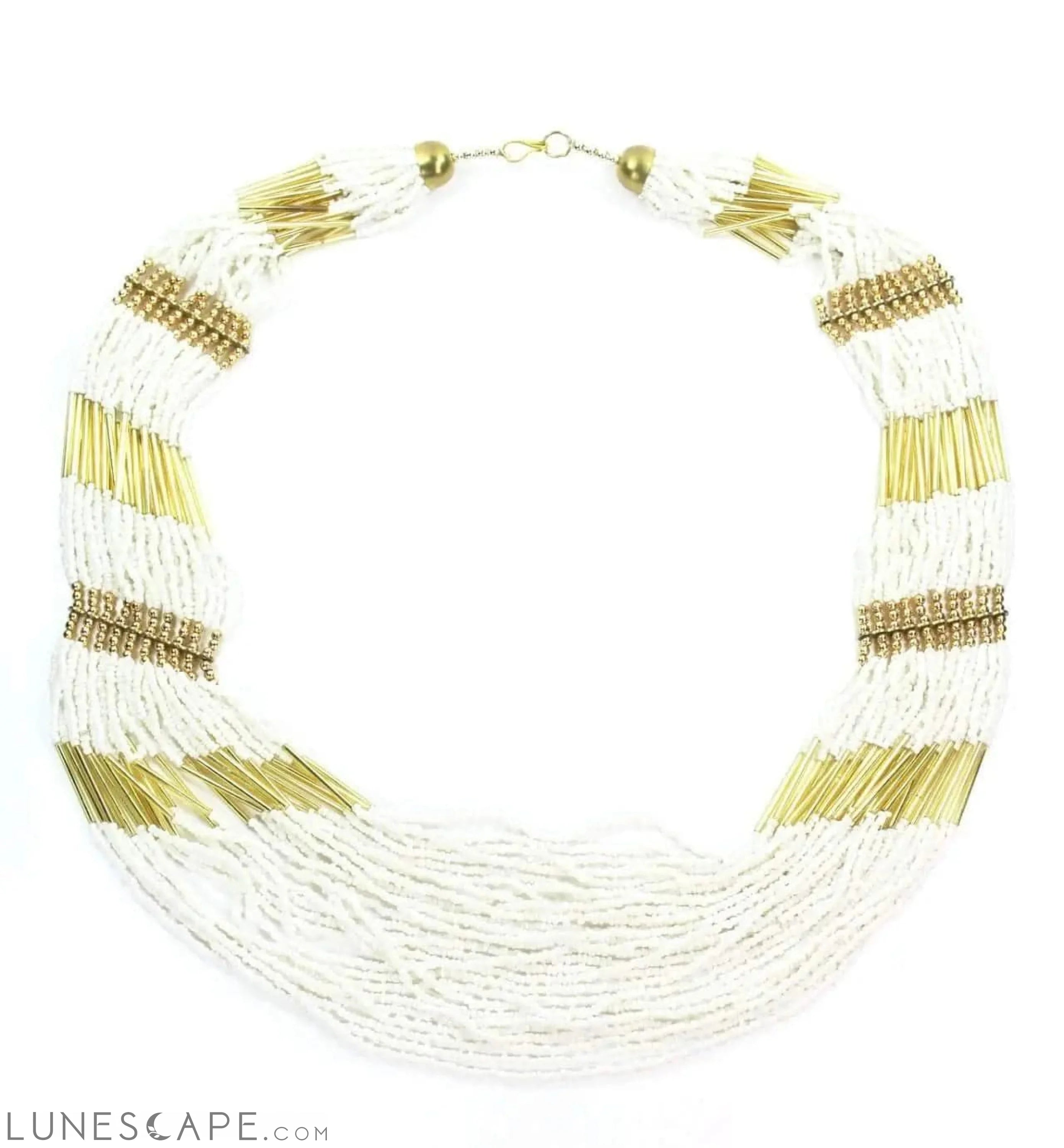 Multi-Strand Beaded Necklace - White and Gold LUNESCAPE