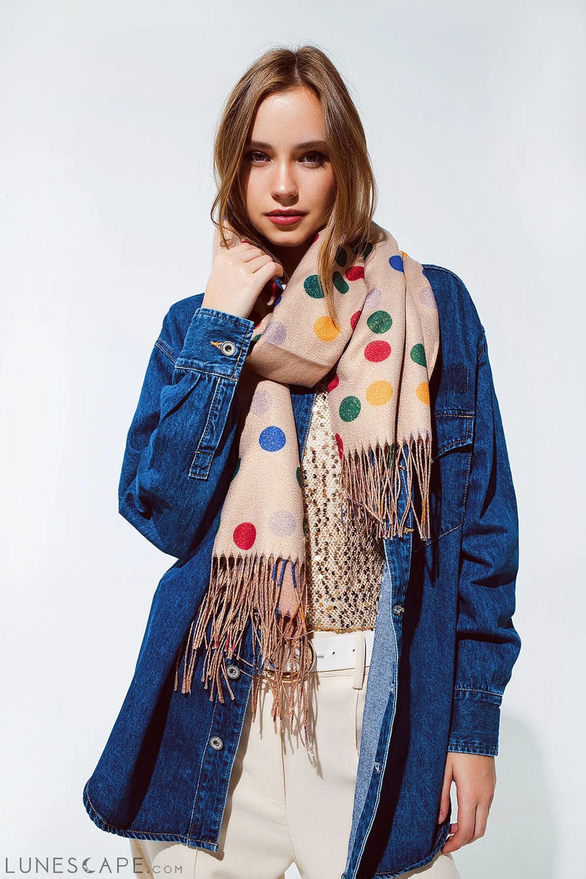 Multicolored Polka Dot Soft Scarf in Beige LUNESCAPE