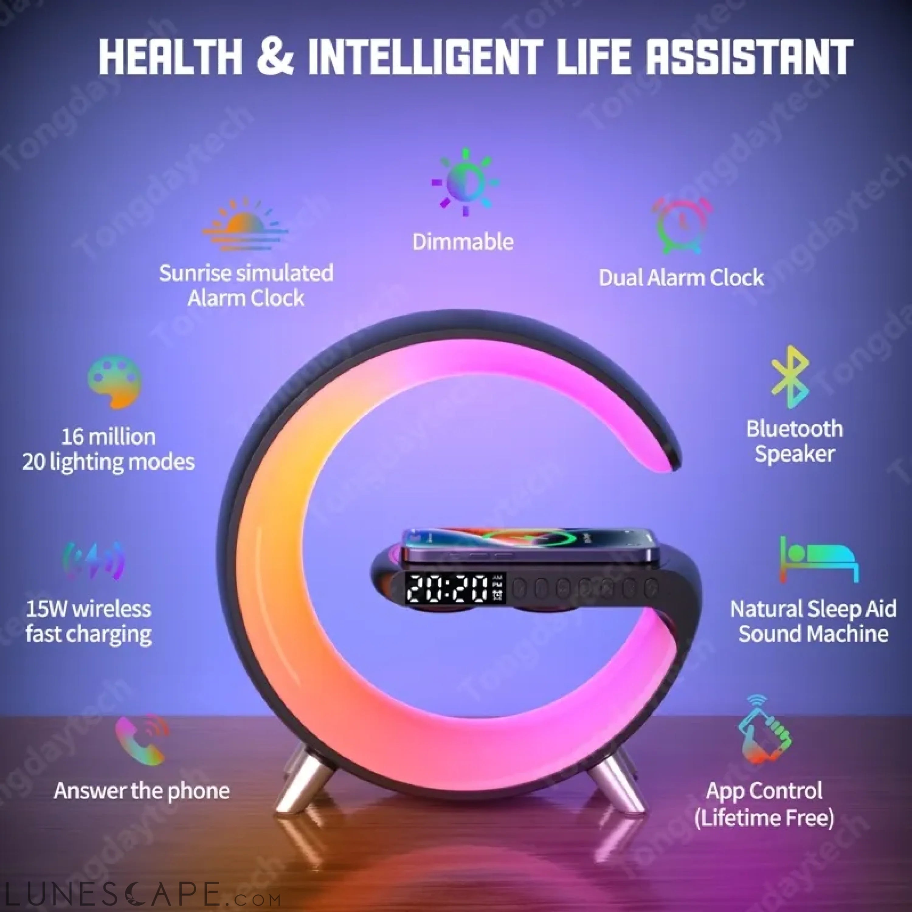Multifunctional Wireless Charger Alarm Clock Speaker APP Control LUNESCAPE