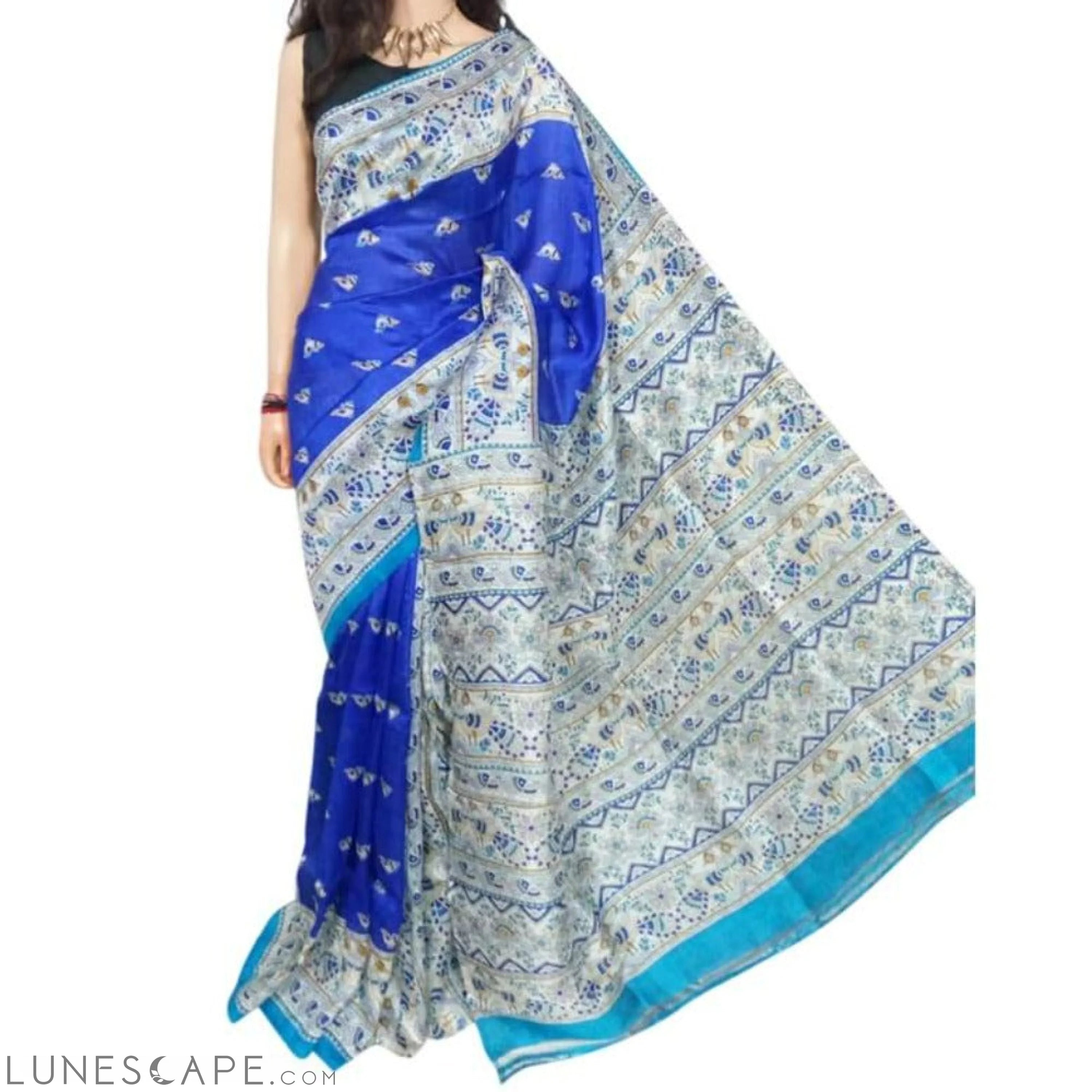 Murshidabad Silk Saree With Fine Block Print  - Blue LUNESCAPE