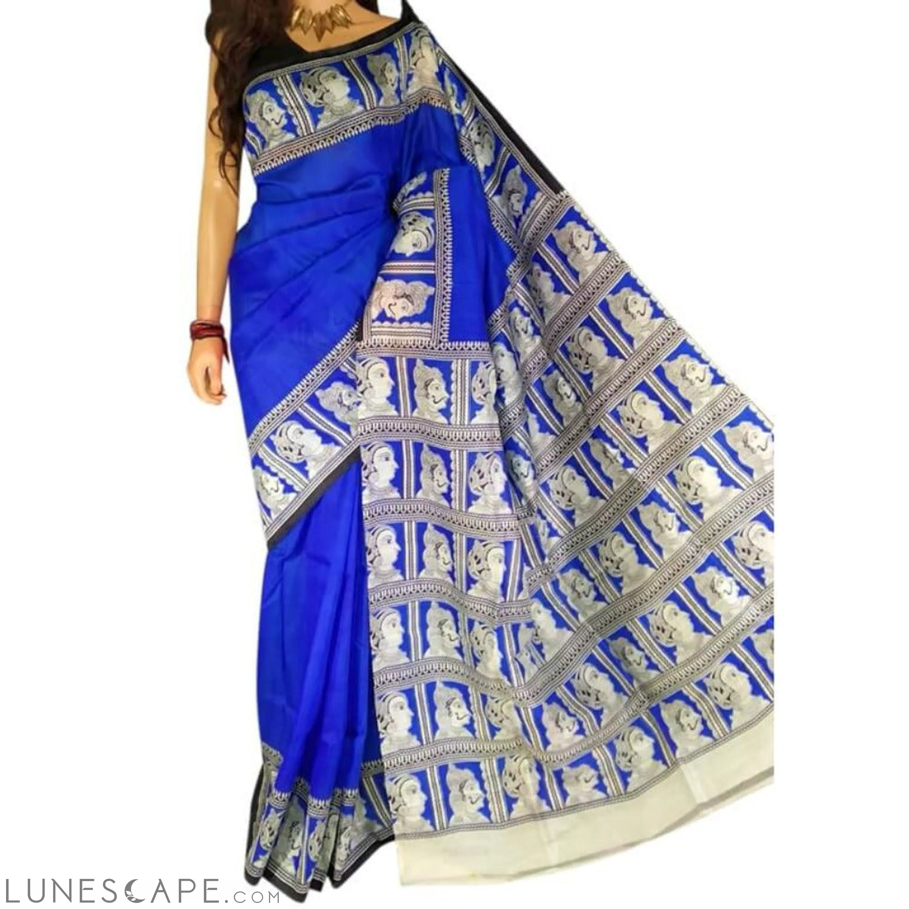 Murshidabad Silk Saree With Kalamkari Print  - Blue LUNESCAPE