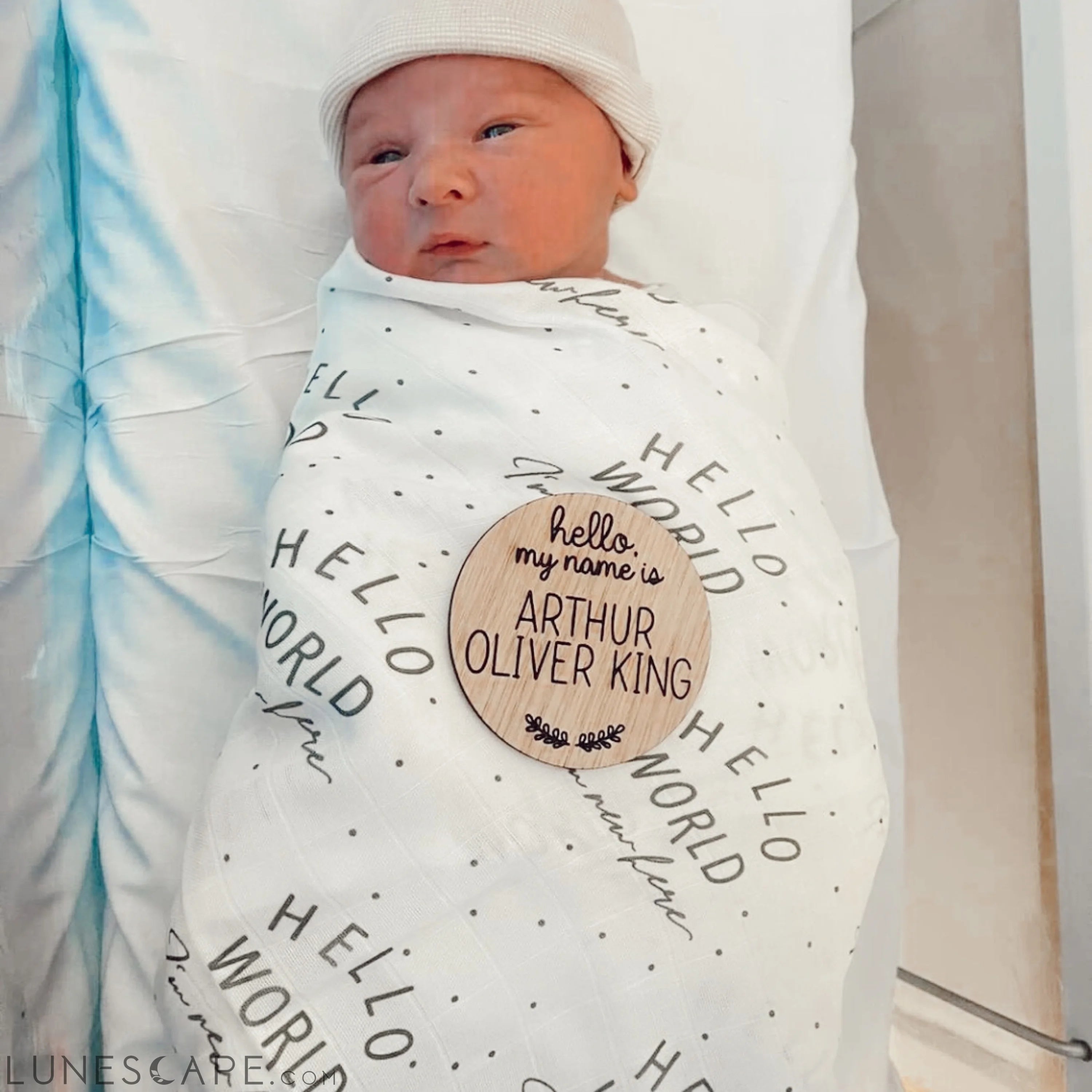 Muslin Swaddle Baby Blanket - Hello World - Signature Collection - 120x120cm LUNESCAPE