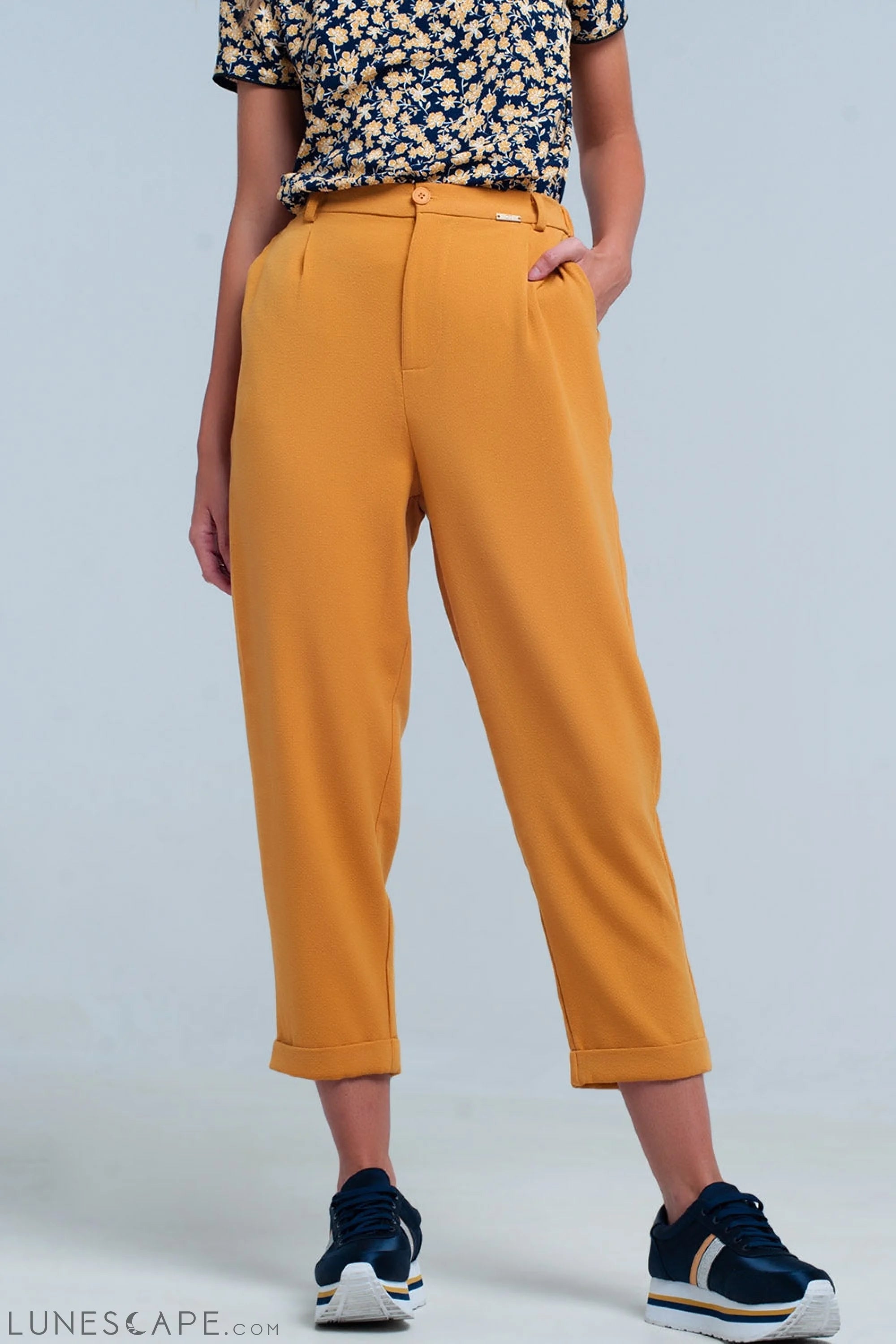 Mustard High Waisted Pants With Belt LUNESCAPE