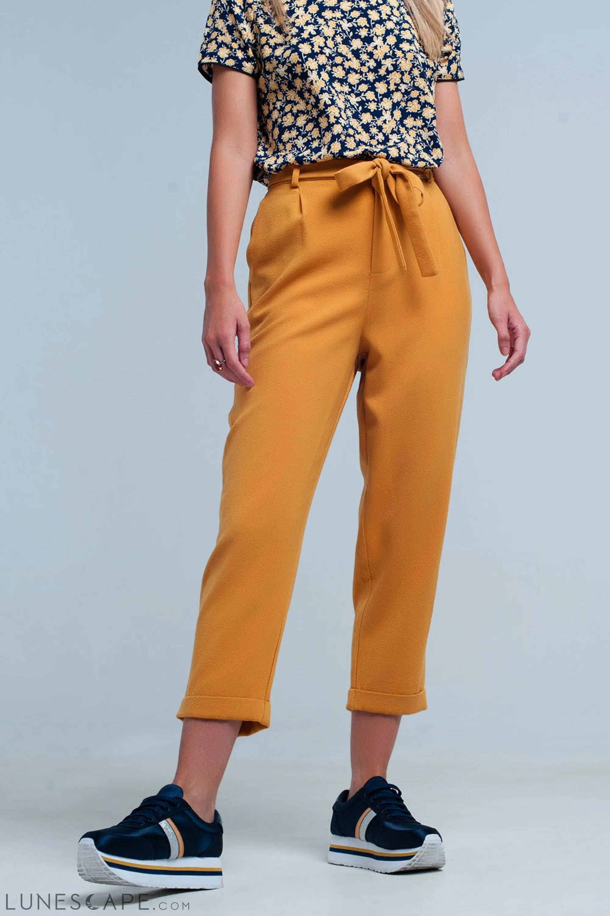 Mustard High Waisted Pants With Belt LUNESCAPE