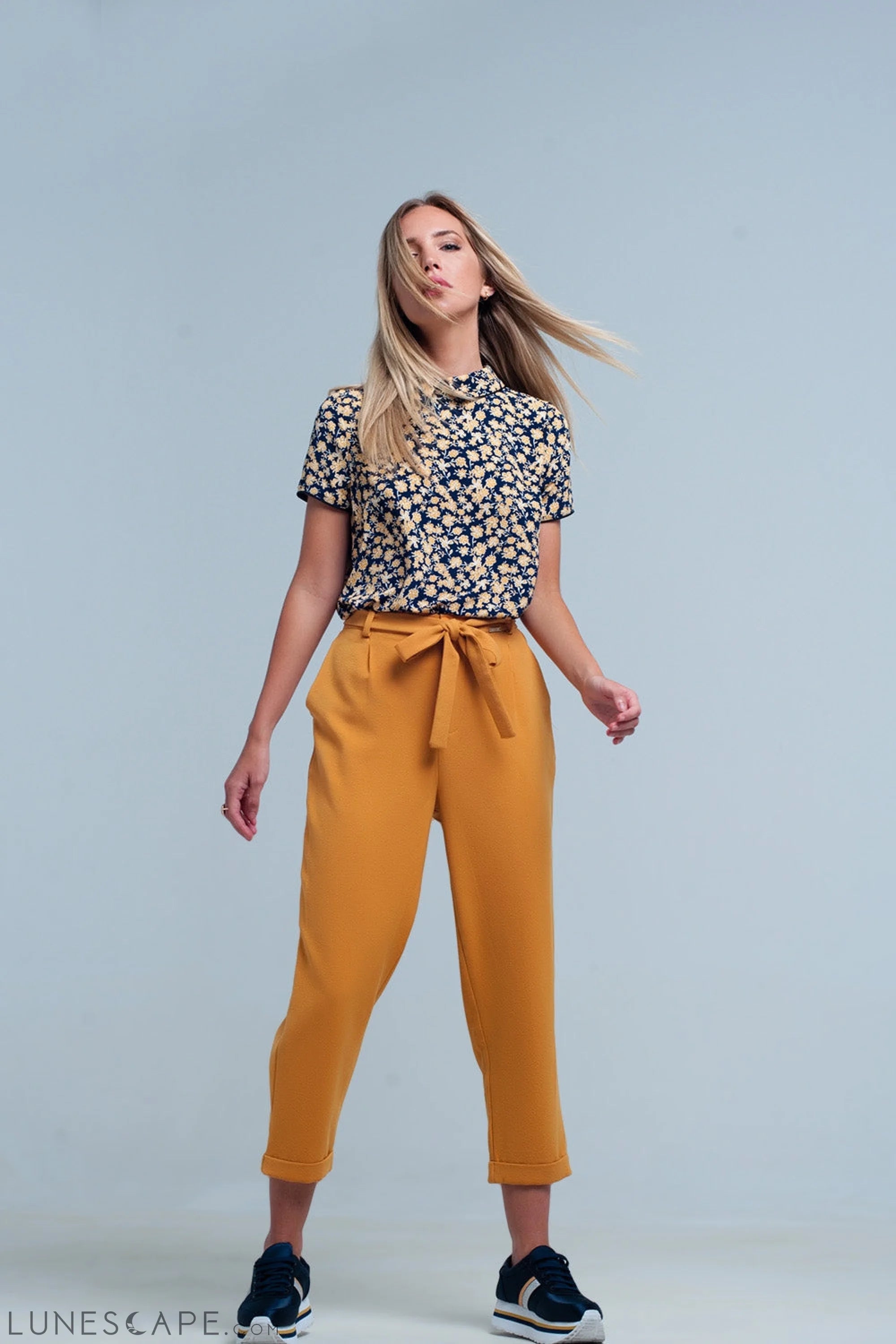 Mustard High Waisted Pants With Belt LUNESCAPE