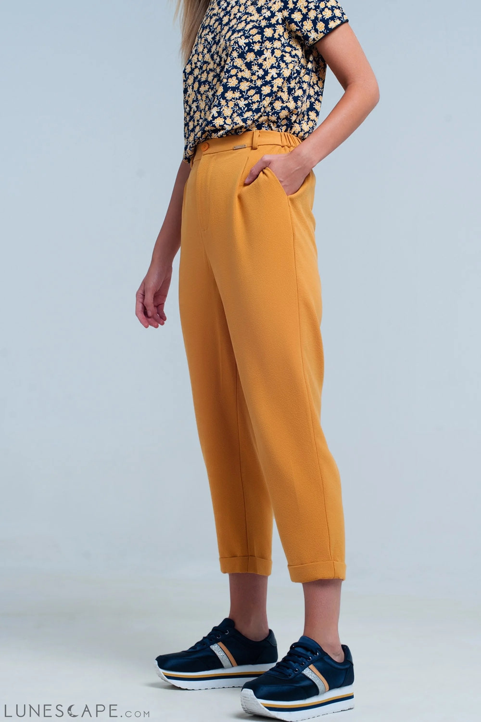 Mustard High Waisted Pants With Belt LUNESCAPE