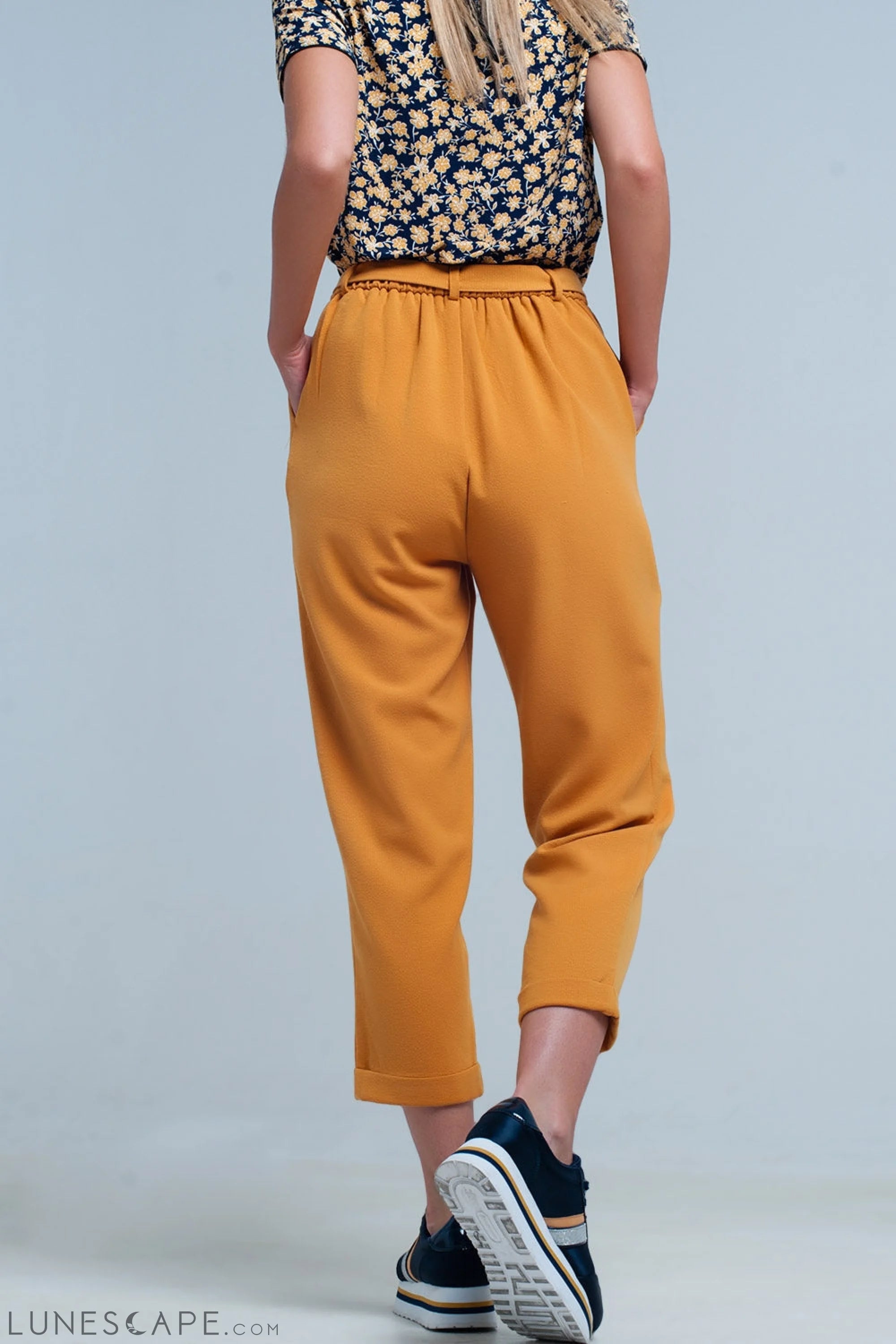 Mustard High Waisted Pants With Belt LUNESCAPE