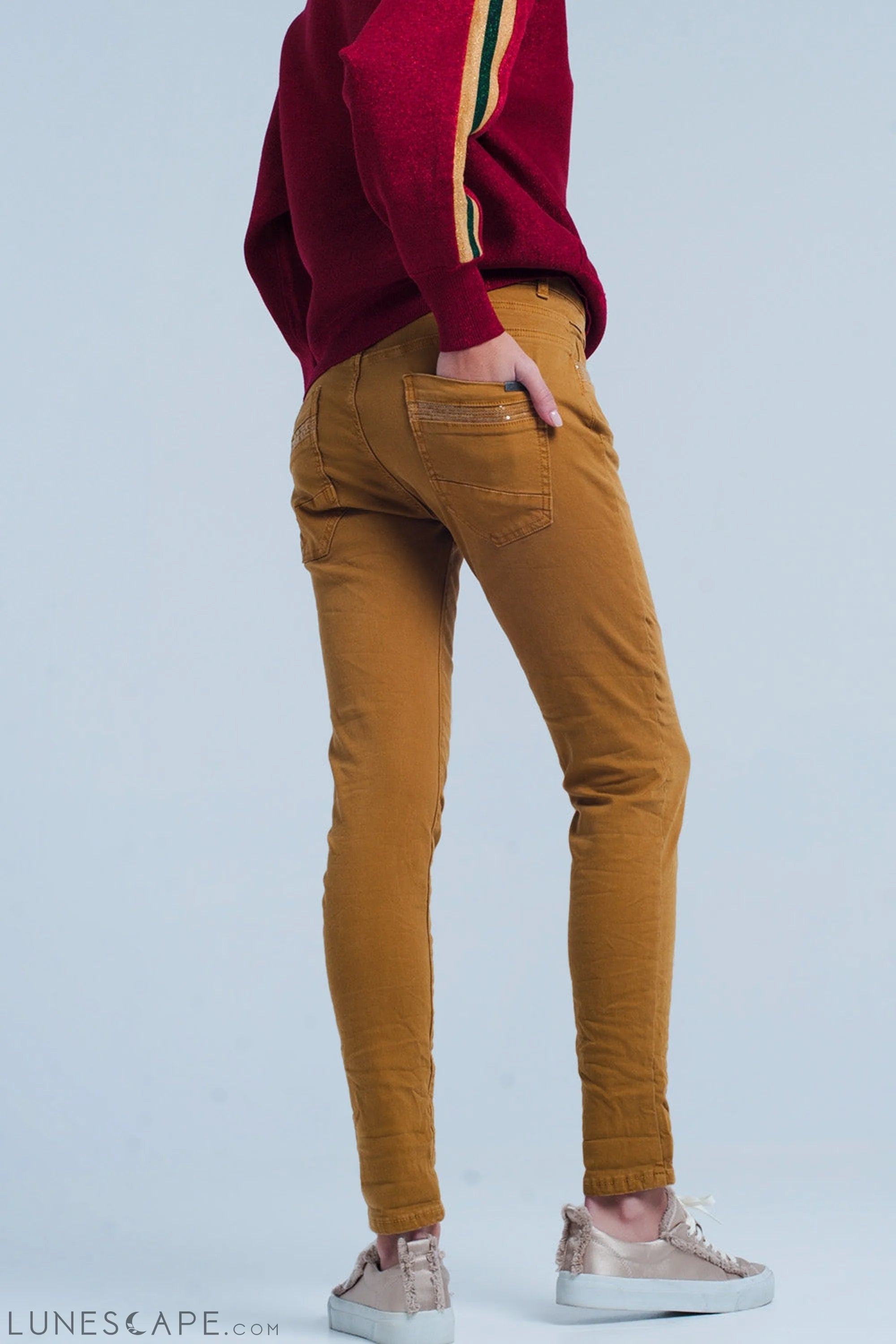 Mustard Skinny Jeans With Sequins and Buttons LUNESCAPE