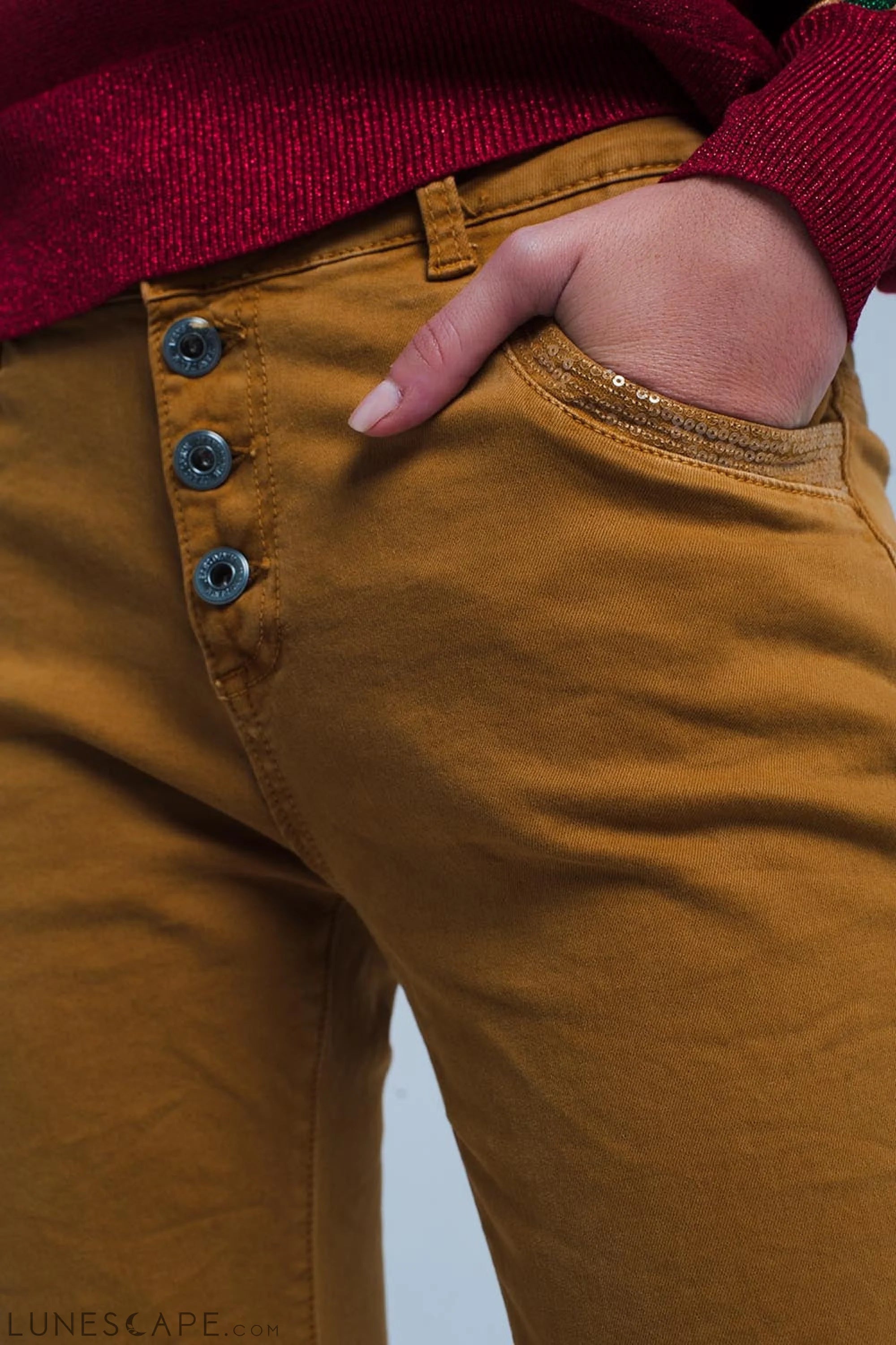 Mustard Skinny Jeans With Sequins and Buttons LUNESCAPE