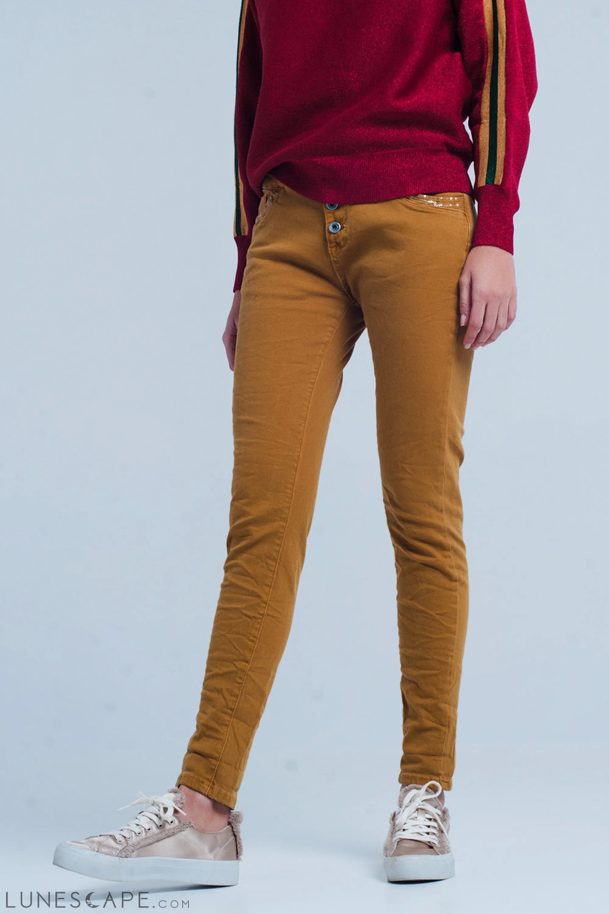 Mustard Skinny Jeans With Sequins and Buttons LUNESCAPE