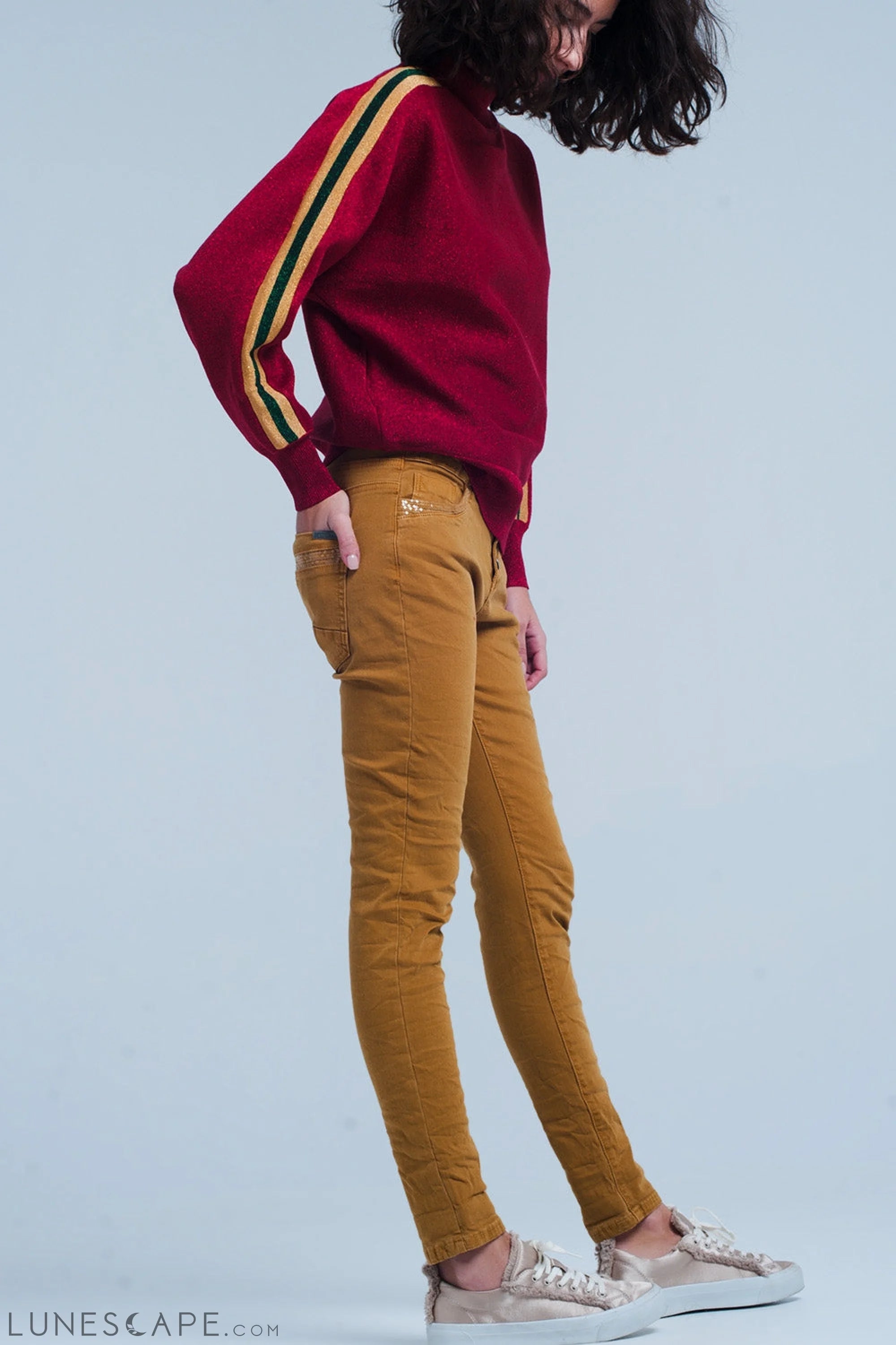 Mustard Skinny Jeans With Sequins and Buttons LUNESCAPE