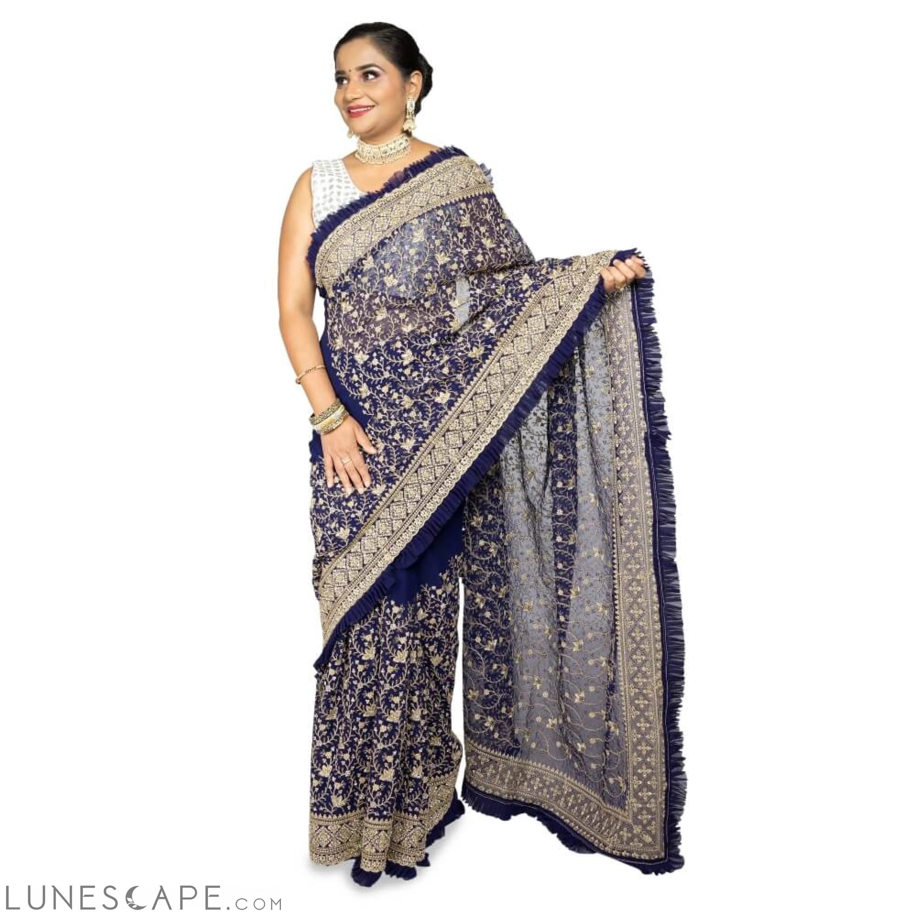 Navy Blue Georgette Saree With Frill Edge LUNESCAPE