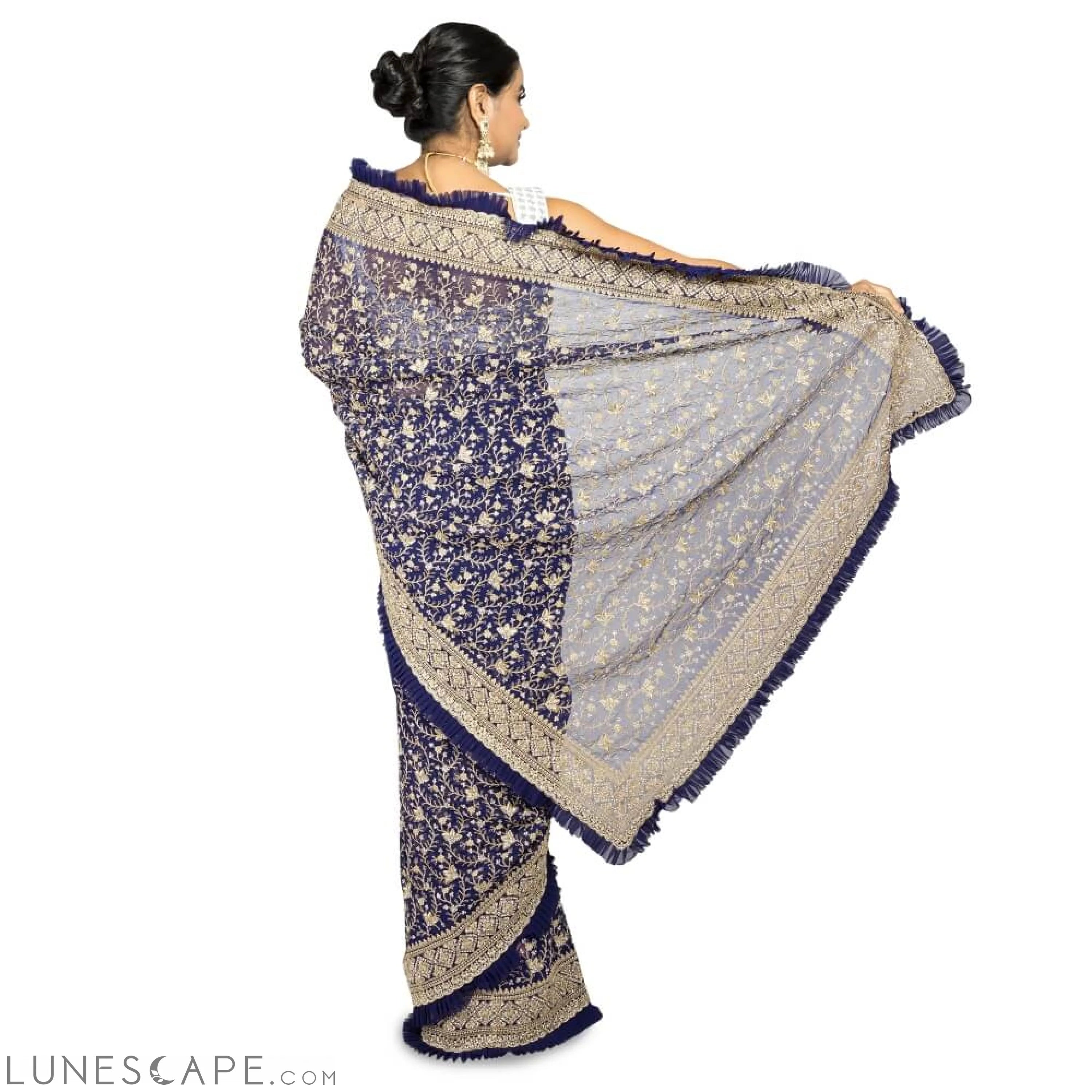 Navy Blue Georgette Saree With Frill Edge LUNESCAPE