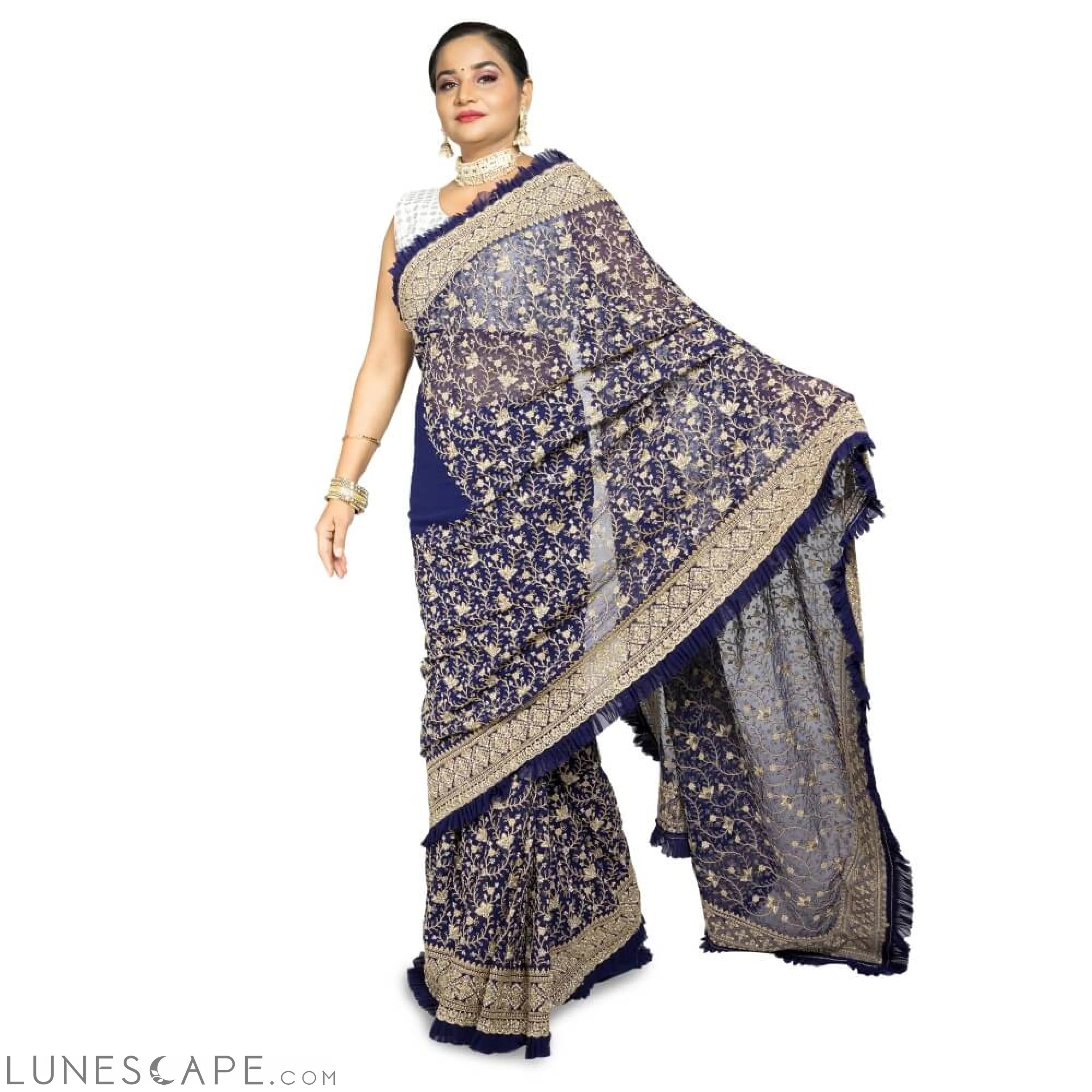 Navy Blue Georgette Saree With Frill Edge LUNESCAPE