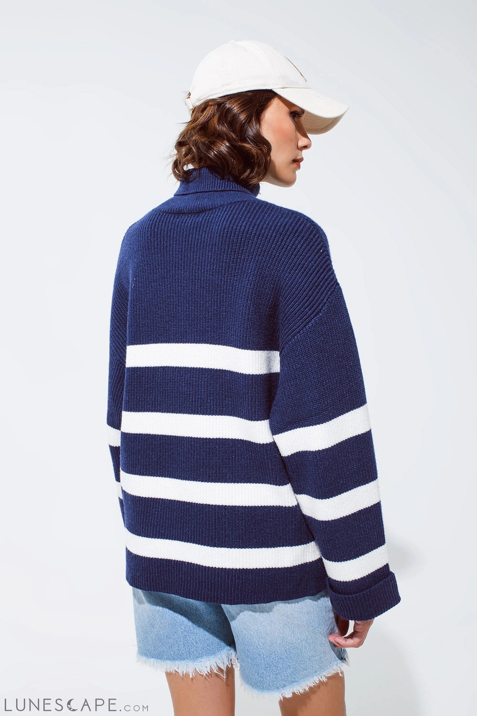 Navy Blue Turtle Neck Sweater in Navy With Stripes LUNESCAPE