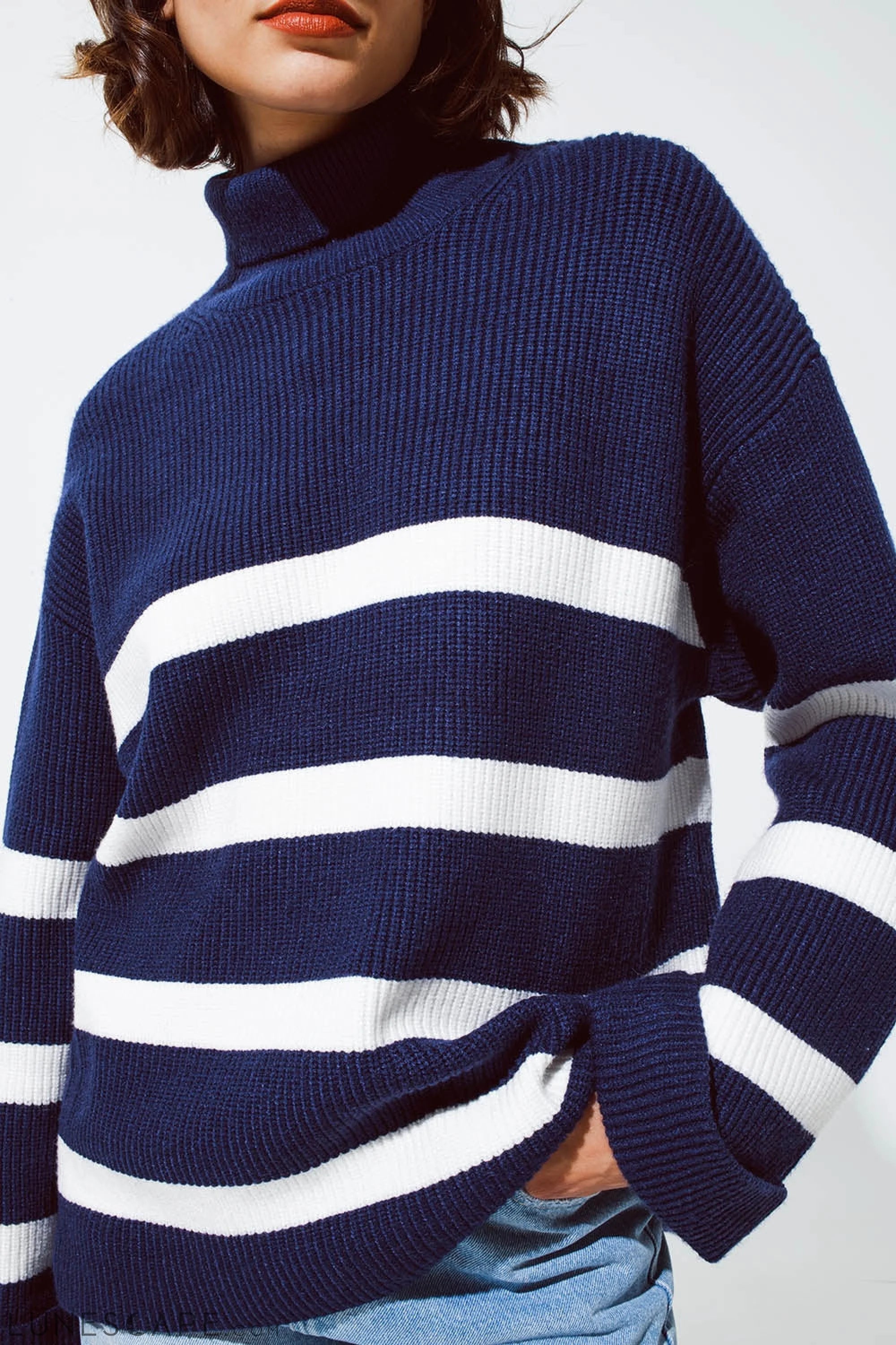 Navy Blue Turtle Neck Sweater in Navy With Stripes LUNESCAPE