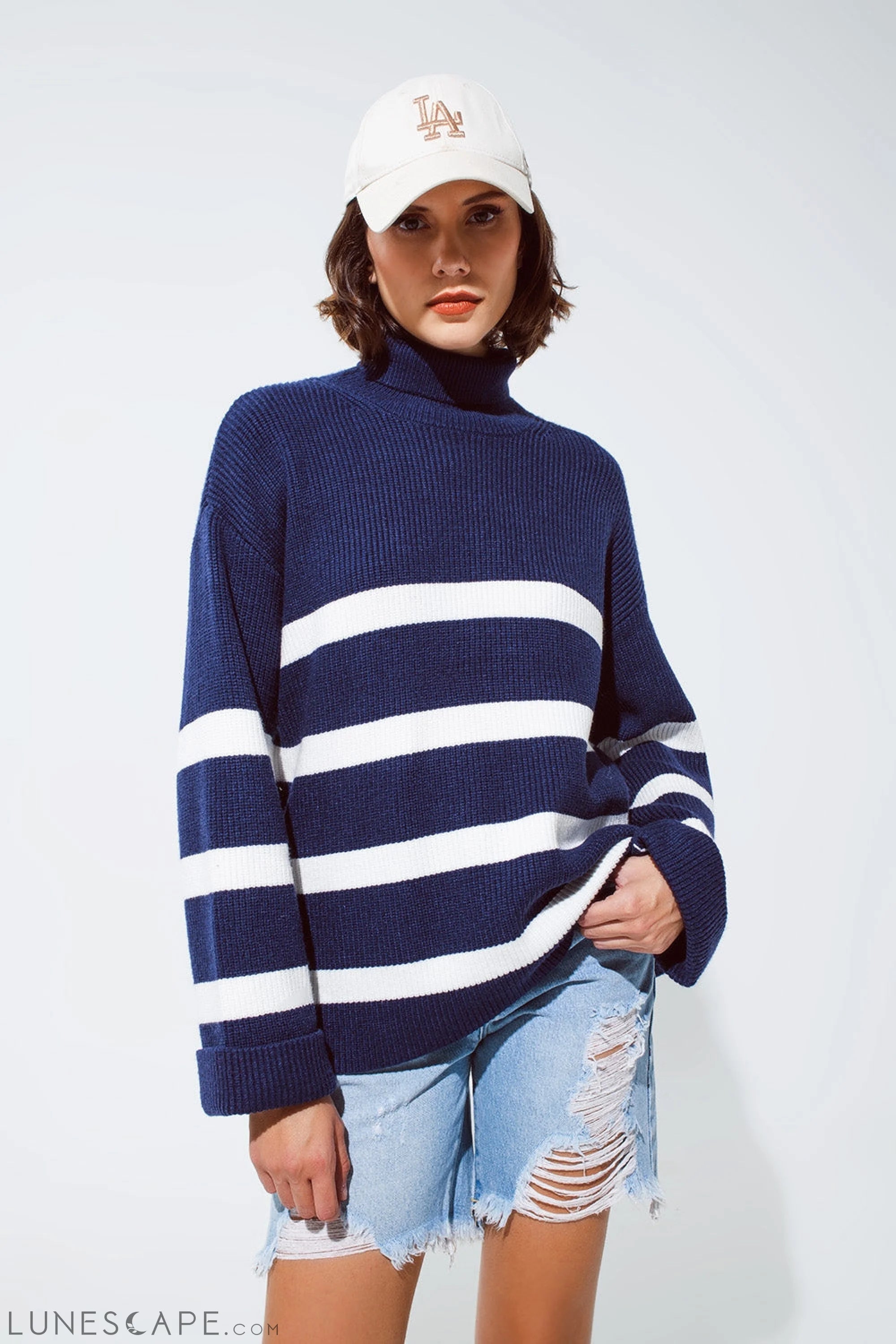 Navy Blue Turtle Neck Sweater in Navy With Stripes LUNESCAPE