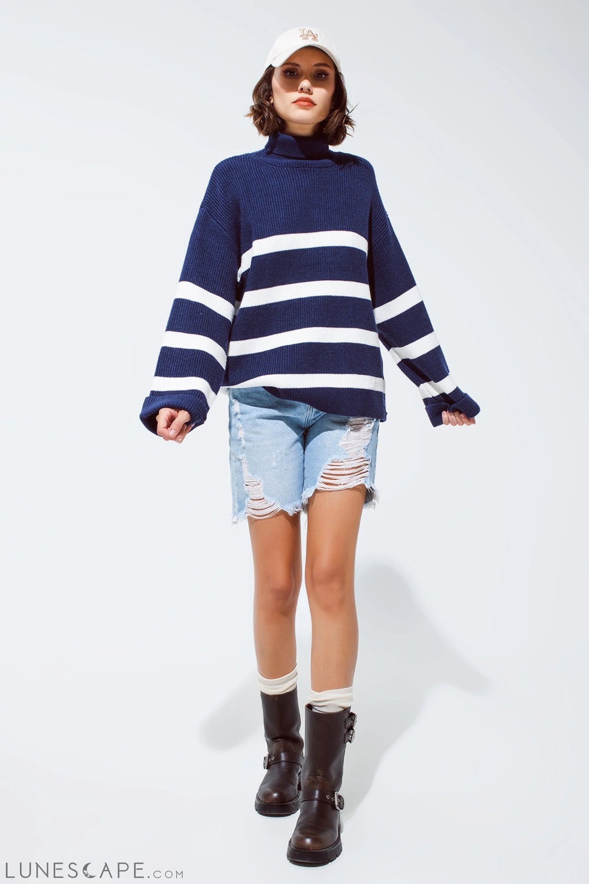 Navy Blue Turtle Neck Sweater in Navy With Stripes LUNESCAPE