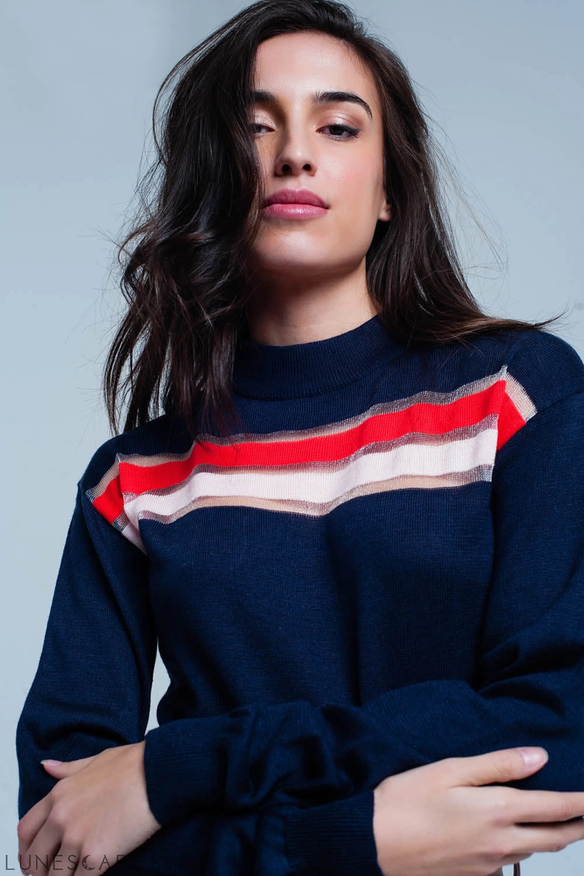 Navy Fine Knitted Sweater With Transparent Stripe LUNESCAPE