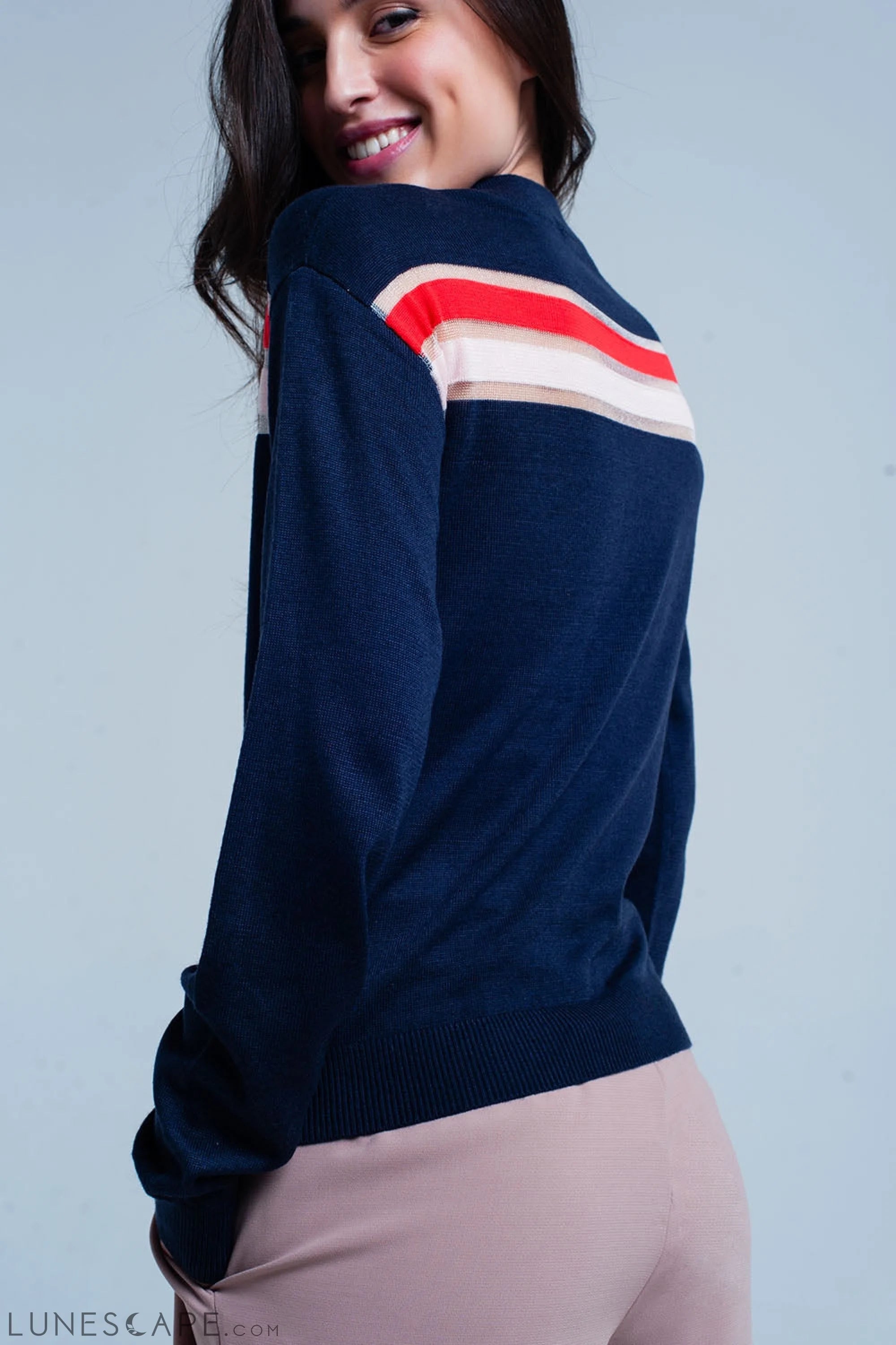 Navy Fine Knitted Sweater With Transparent Stripe LUNESCAPE