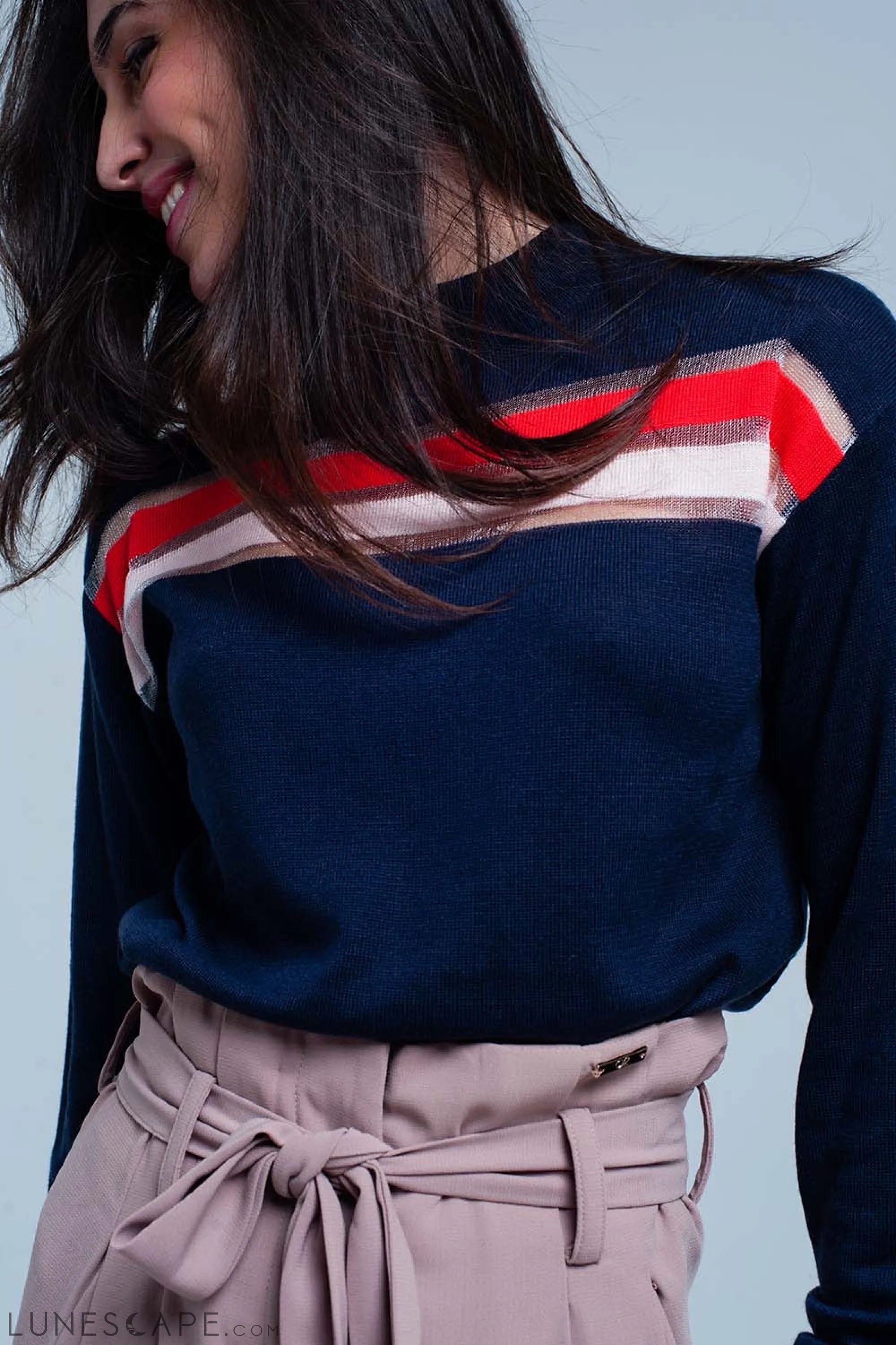 Navy Fine Knitted Sweater With Transparent Stripe LUNESCAPE