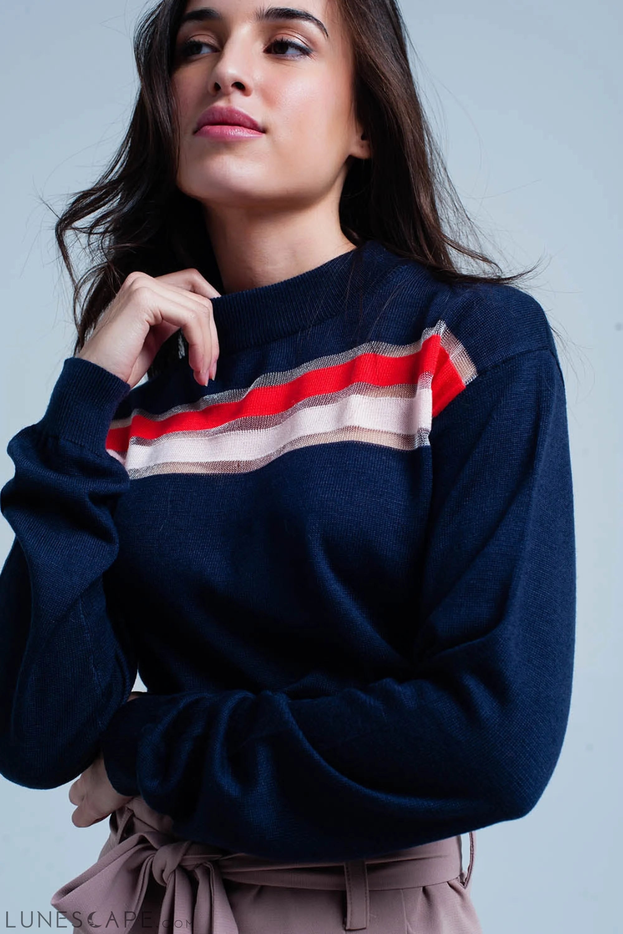 Navy Fine Knitted Sweater With Transparent Stripe LUNESCAPE