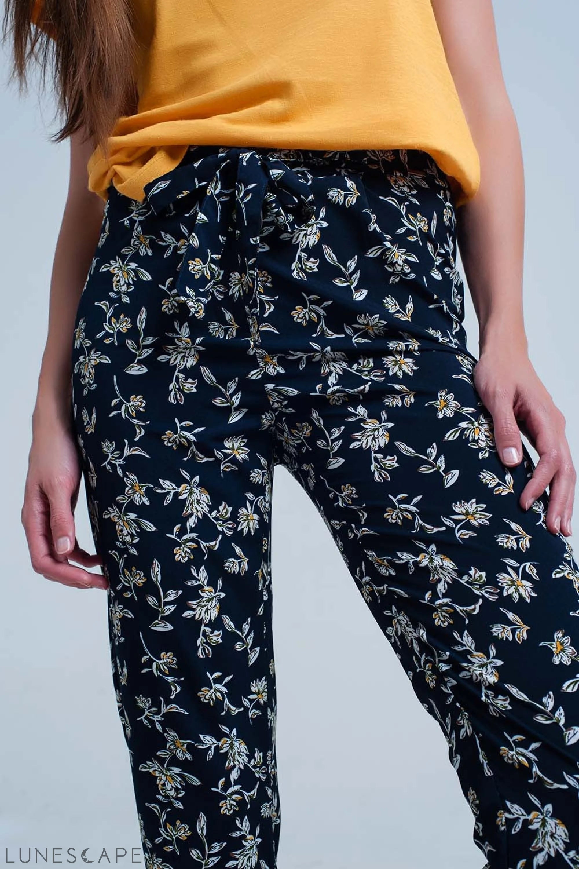 Navy Floral Pants With a Belt LUNESCAPE