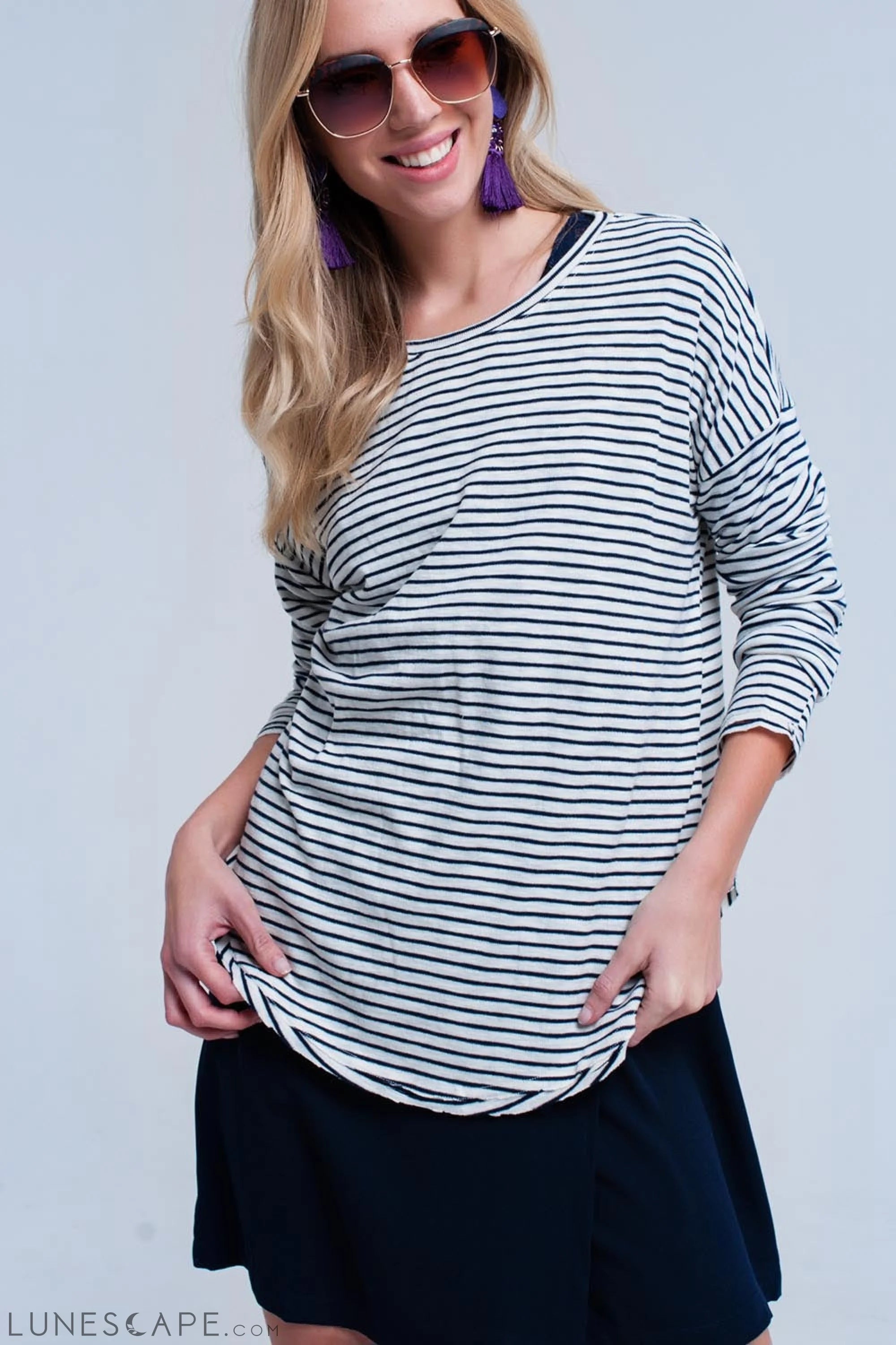 Navy Striped Asymmetric Sweater LUNESCAPE