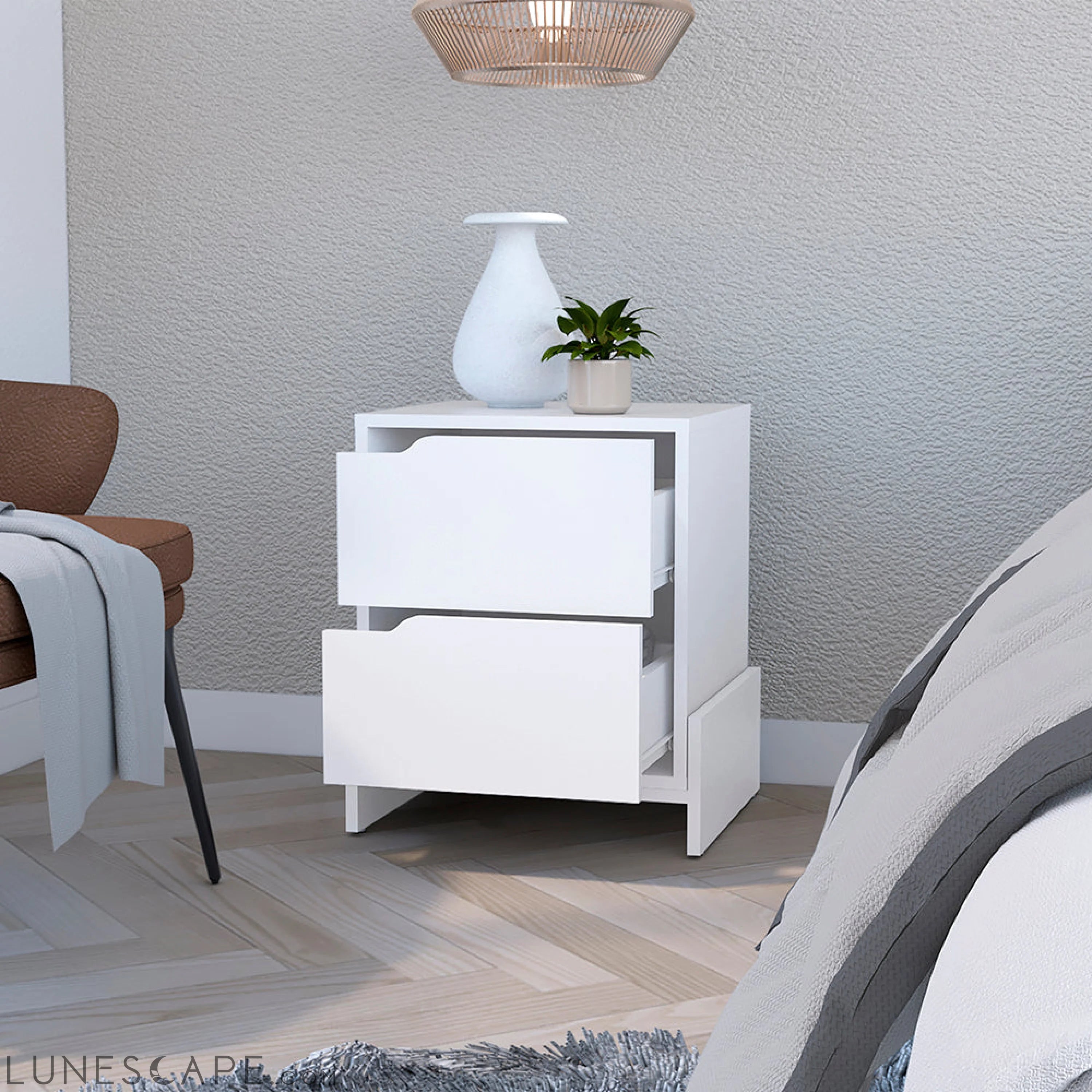 Nightstand Brookland, Bedside Table with Double Drawers and Sturdy LUNESCAPE