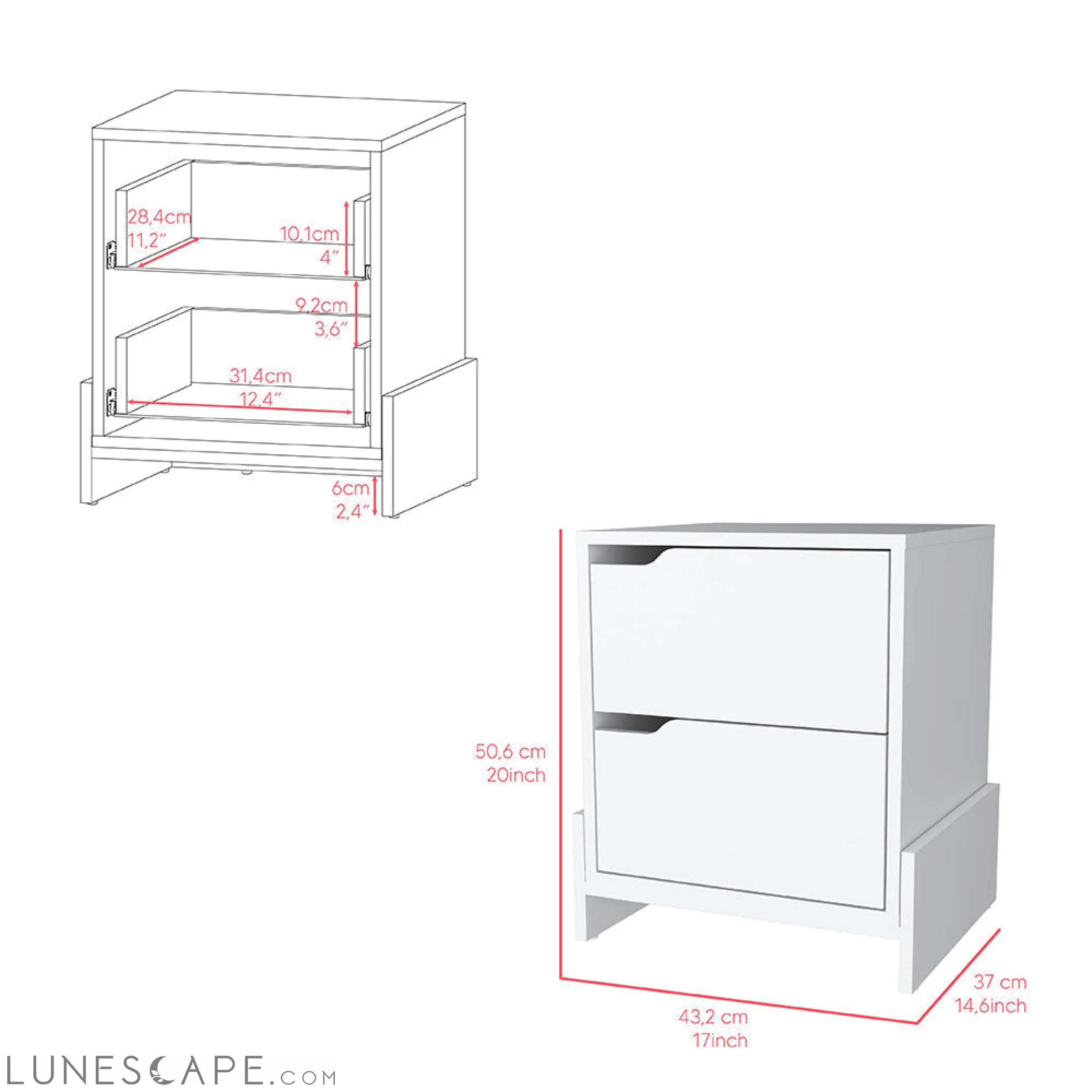 Nightstand Brookland, Bedside Table with Double Drawers and Sturdy LUNESCAPE