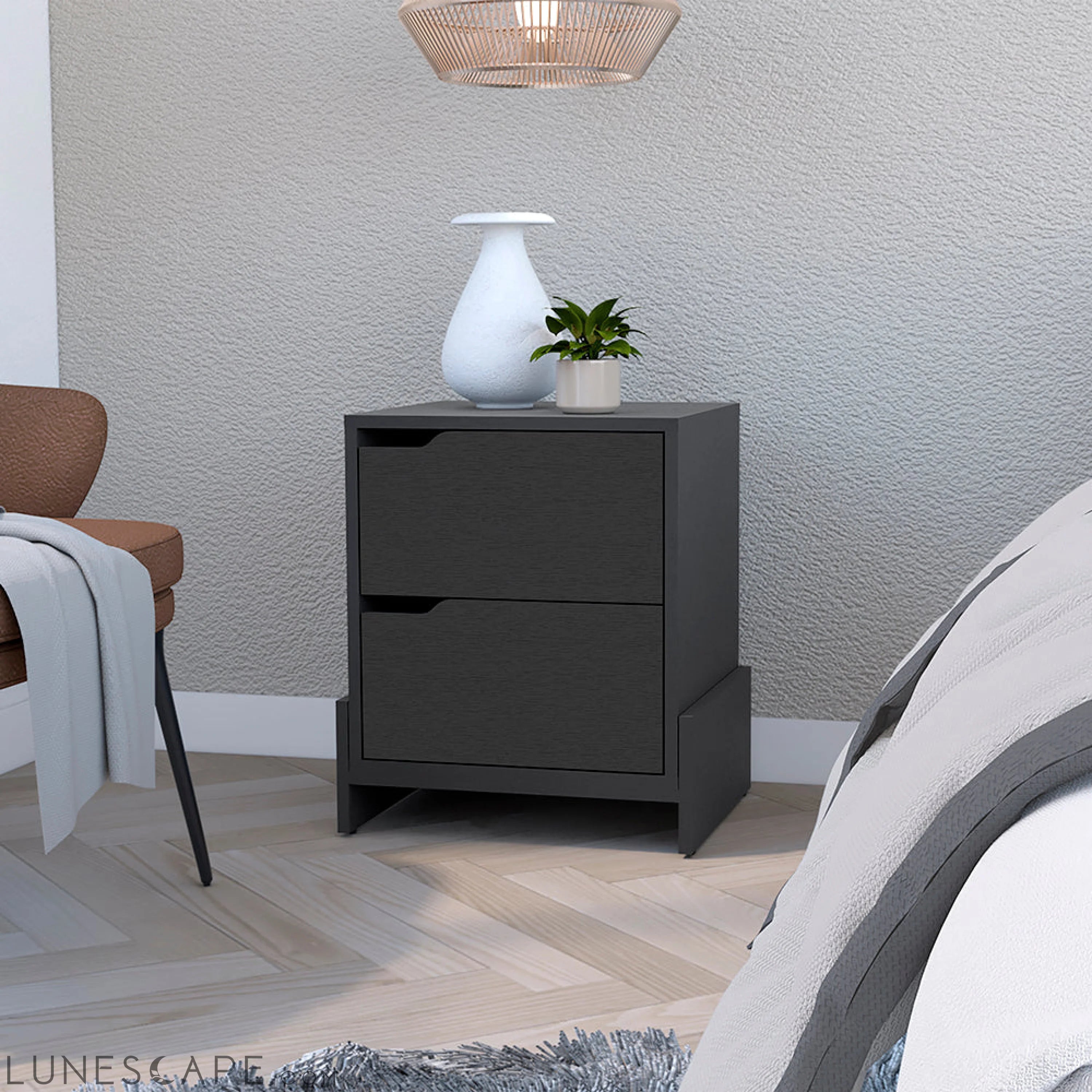 Nightstand Brookland, Bedside Table with Double Drawers and Sturdy LUNESCAPE