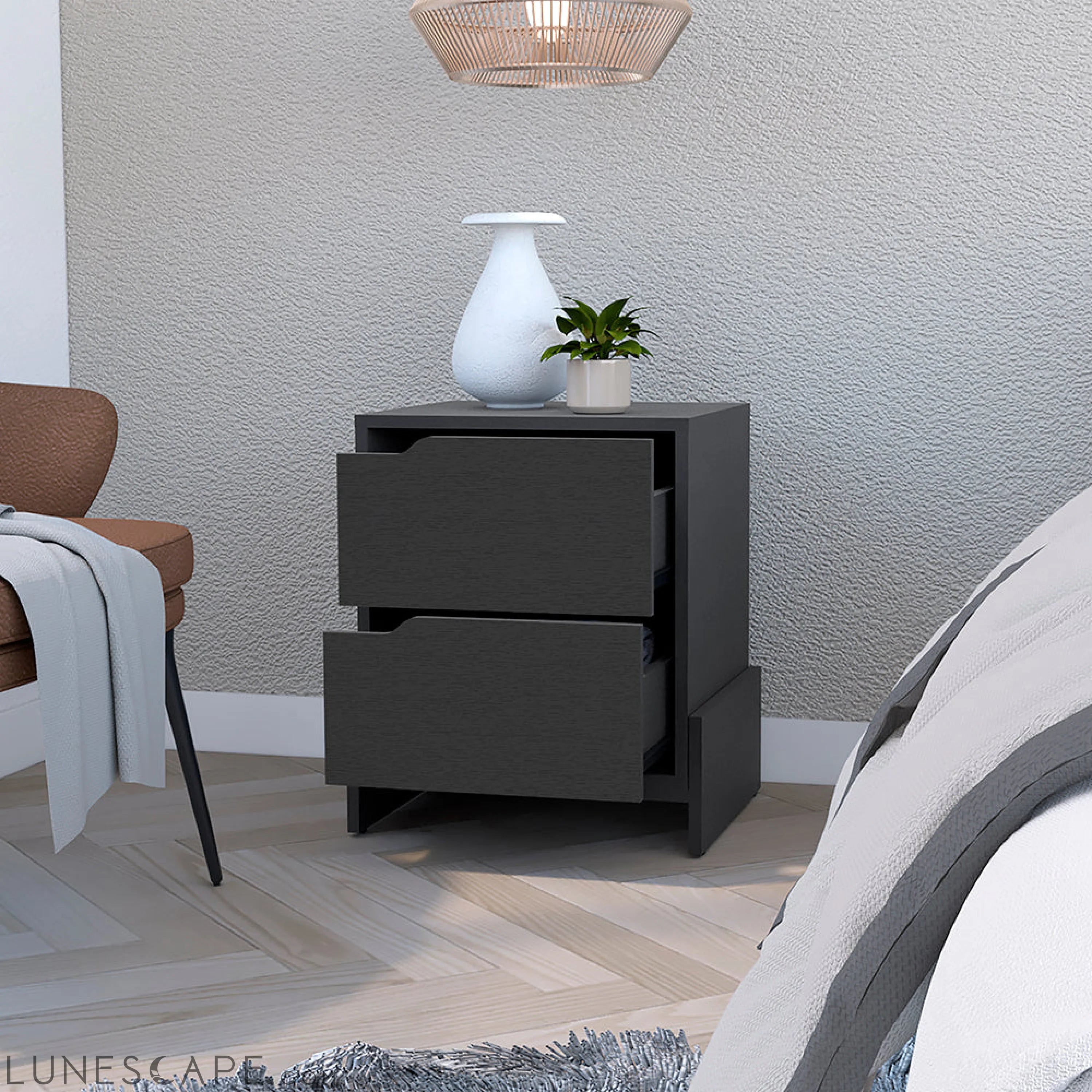 Nightstand Brookland, Bedside Table with Double Drawers and Sturdy LUNESCAPE