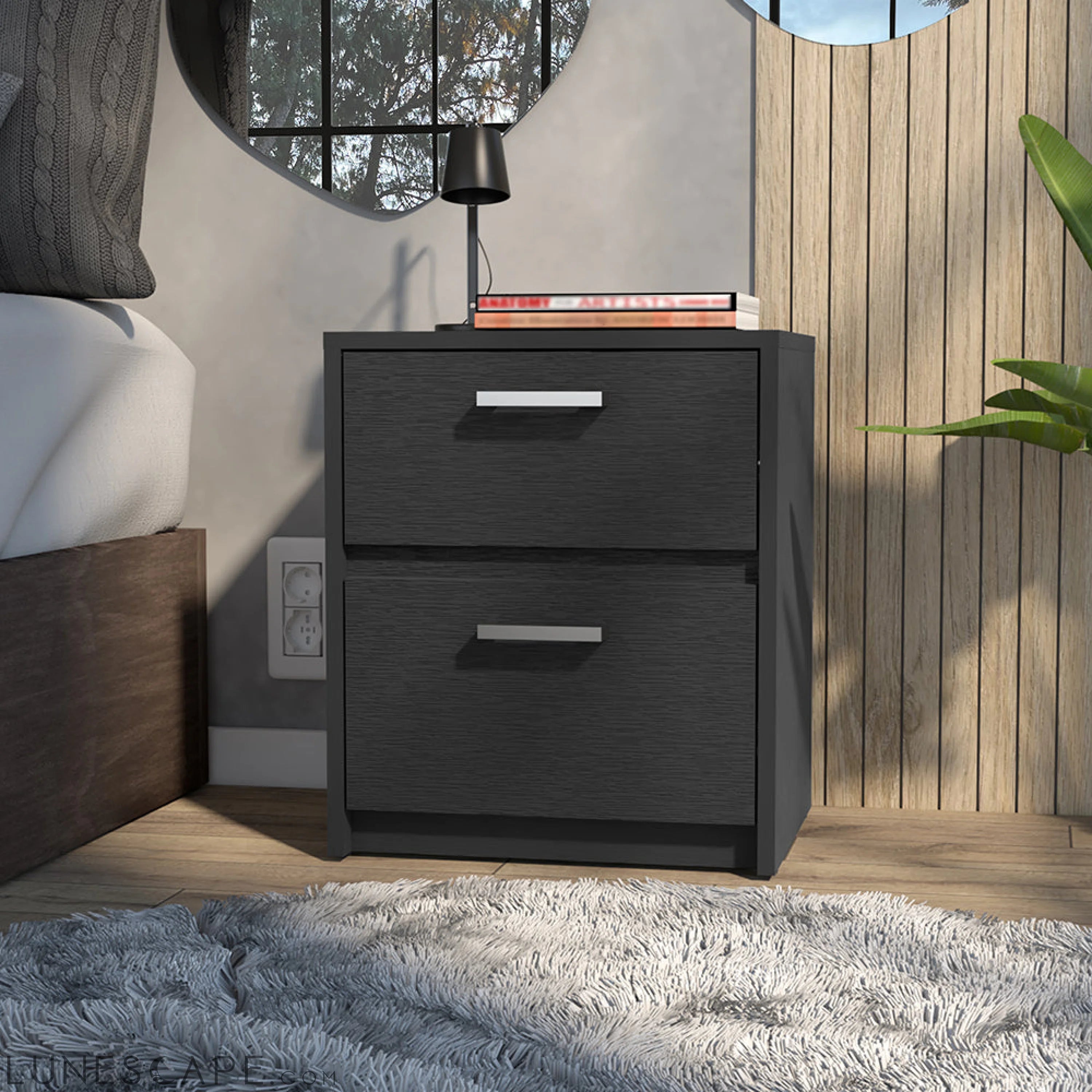 Nightstand Chequered, Two Drawers, Black Wengue Finish LUNESCAPE