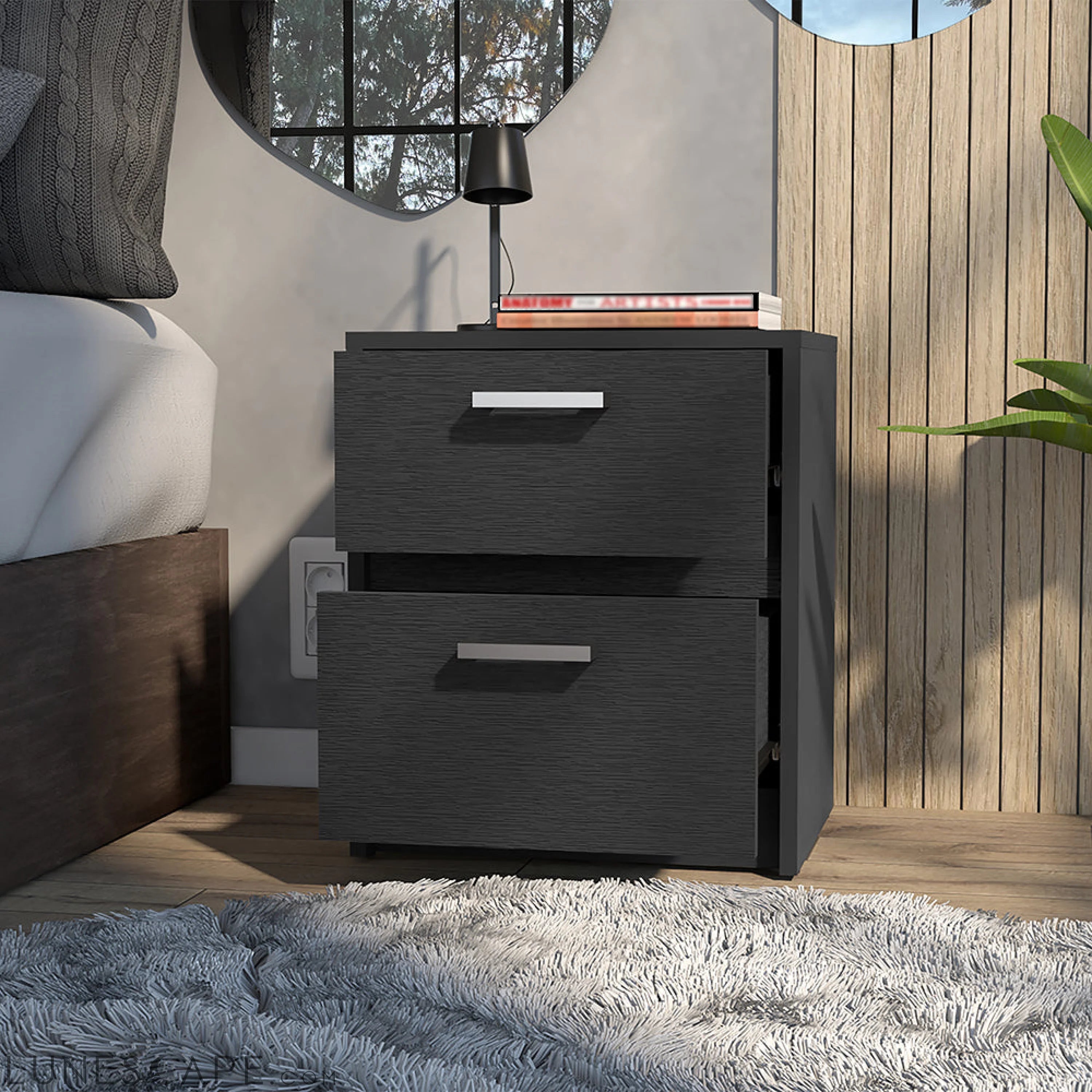 Nightstand Chequered, Two Drawers, Black Wengue Finish LUNESCAPE