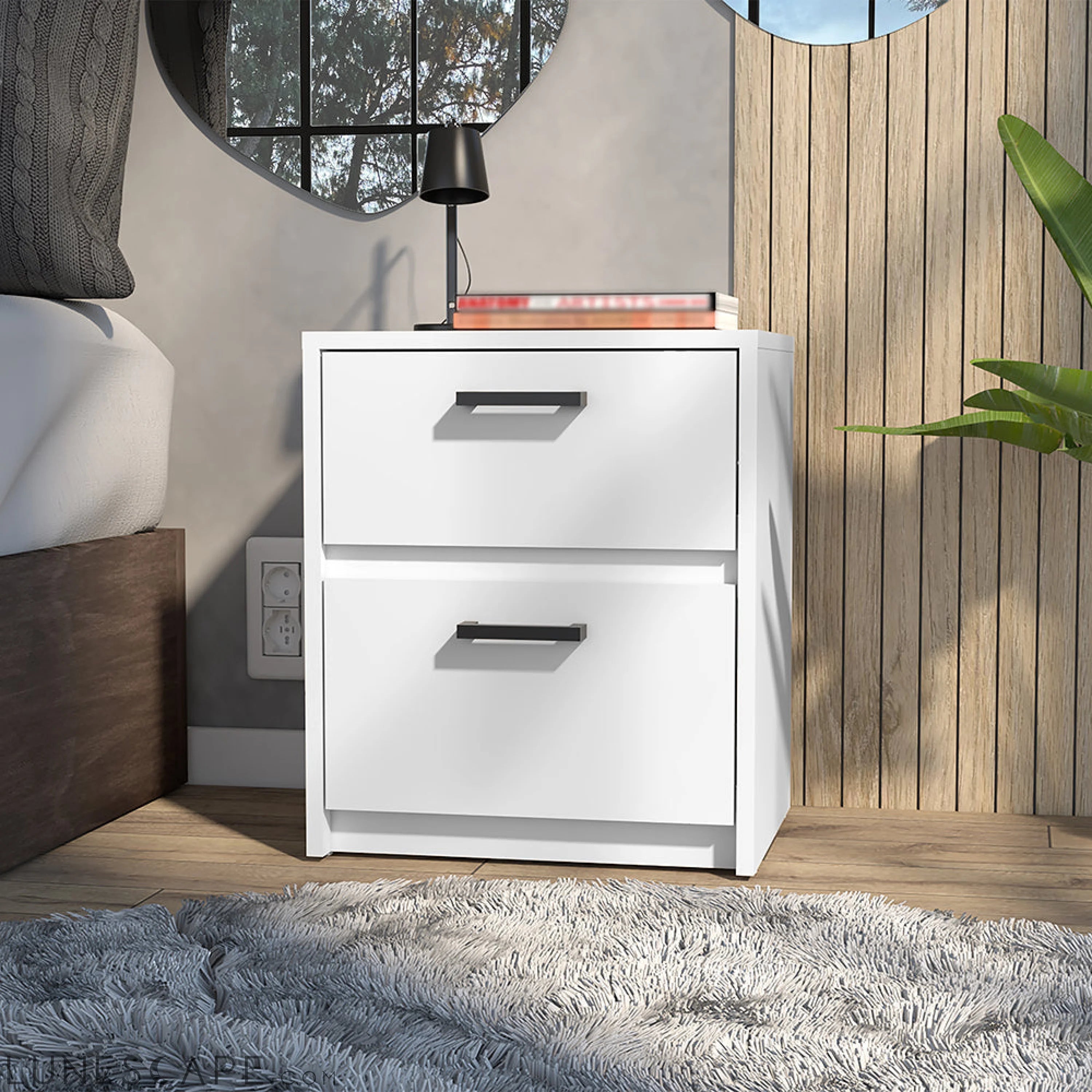 Nightstand Chequered, Two Drawes, White Finish LUNESCAPE